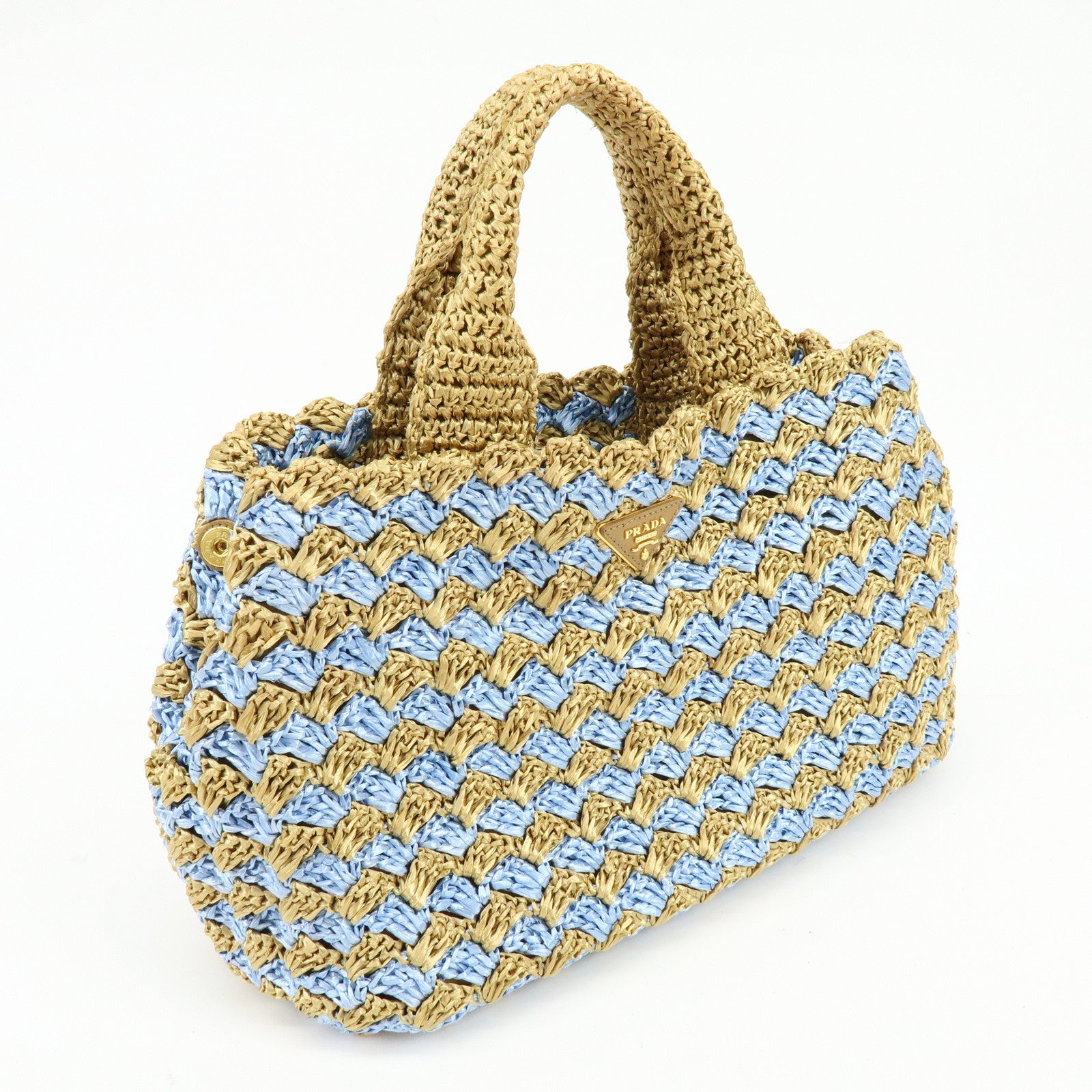PRADA Traingle Logo Canapa Raffia Tote Bag Hand Bag Natural Blue