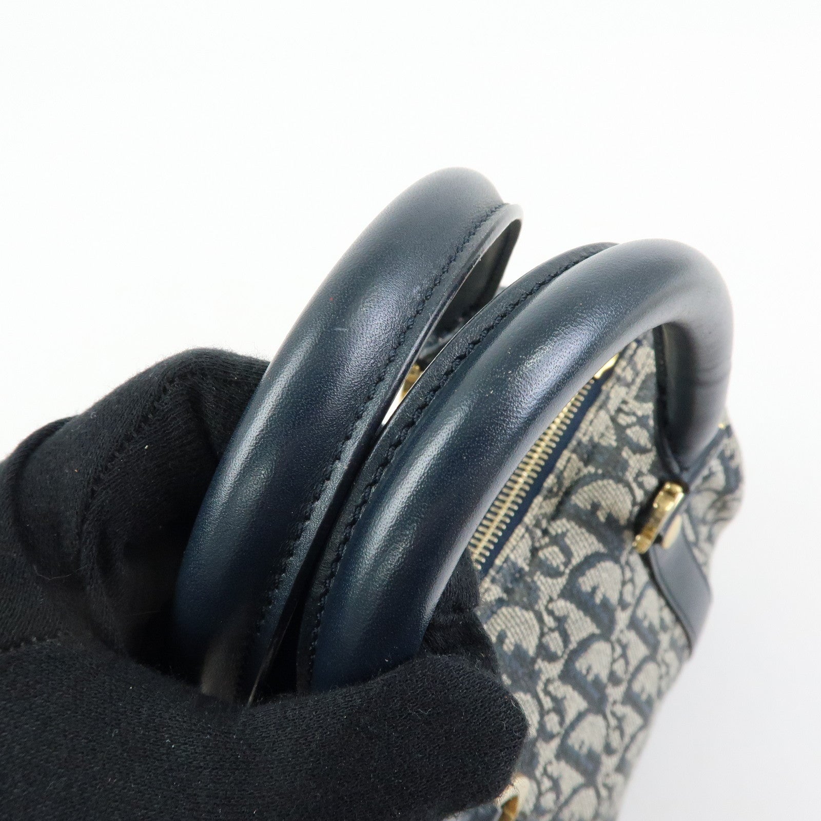 Christian Dior Trottern Jacquard Leather Mini Boston Bag Hand Bag Navy