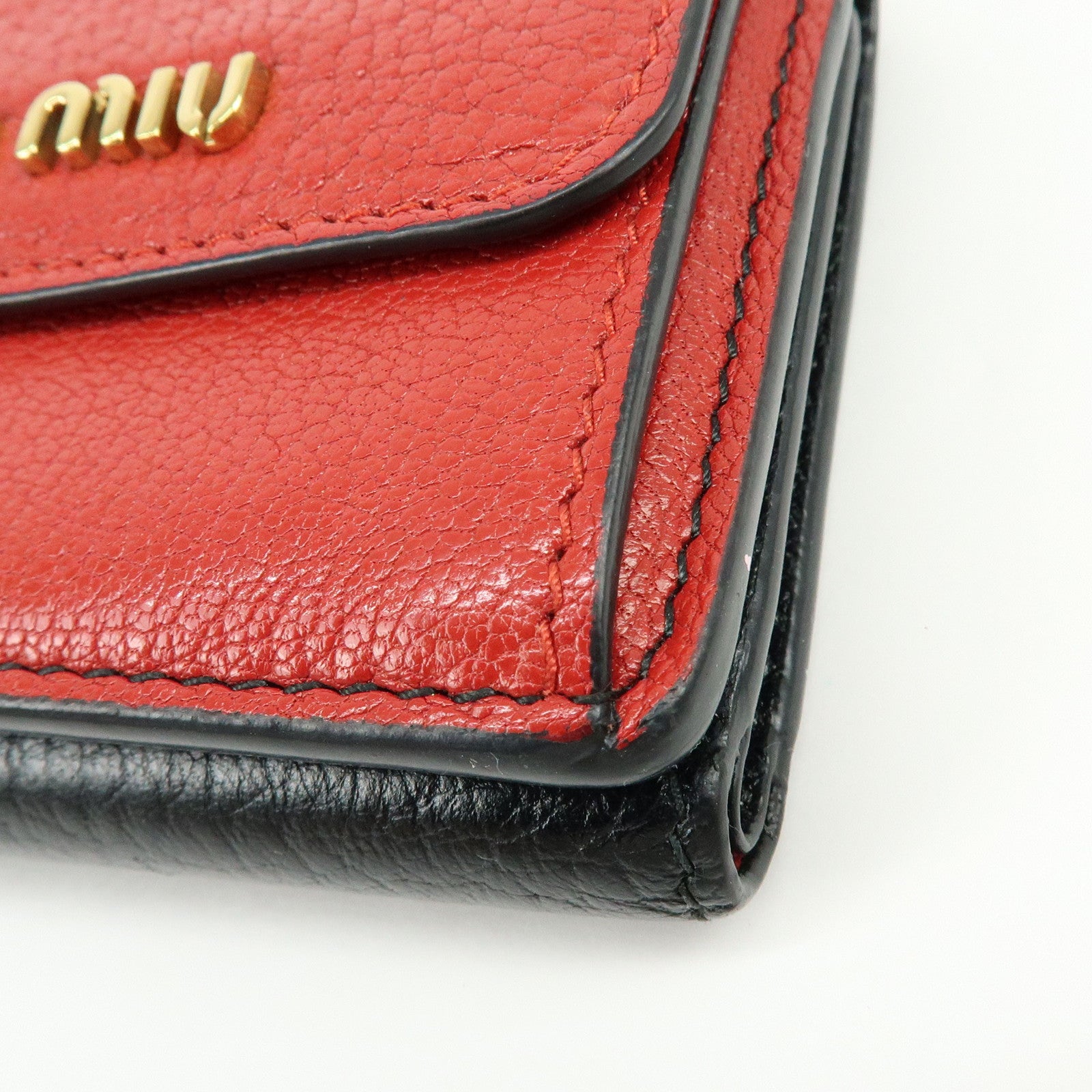 MIU MIU Logo Madras Leather Tri-fold Compact Wallet Red Black 5MH020