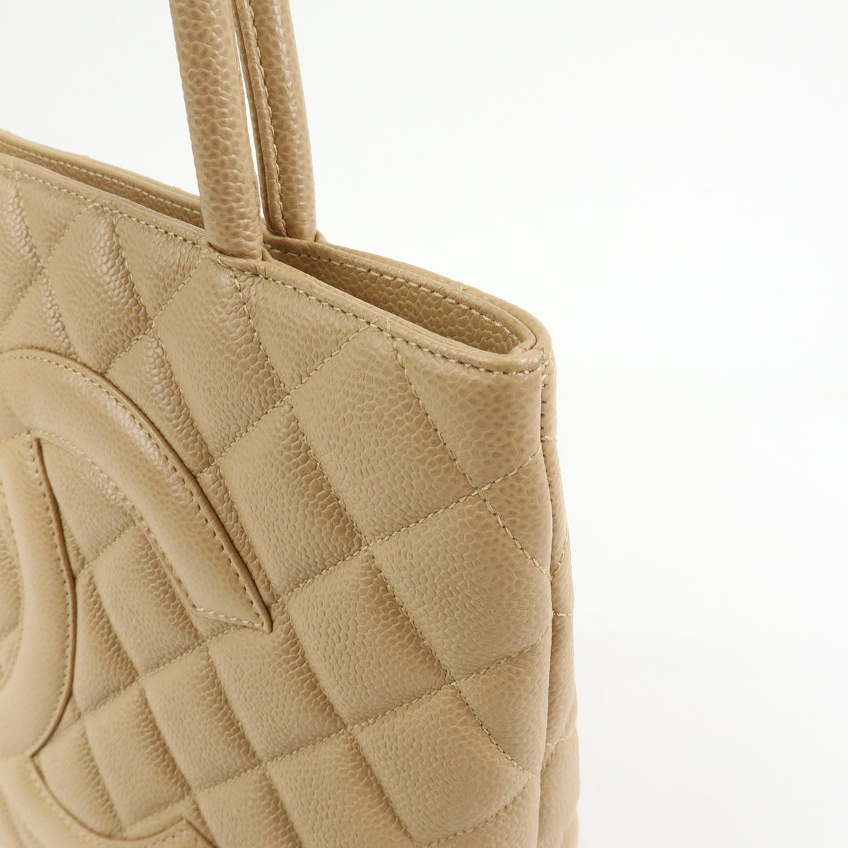 CHANEL Matelasse COCO Mark Caviarskin Medallion Tote Bag Beige A01804