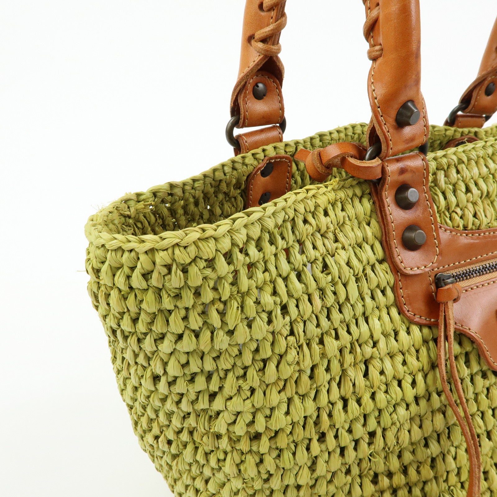 Balenciaga Panier Raffia Leather Basket Tote Bag Green Brown 236741