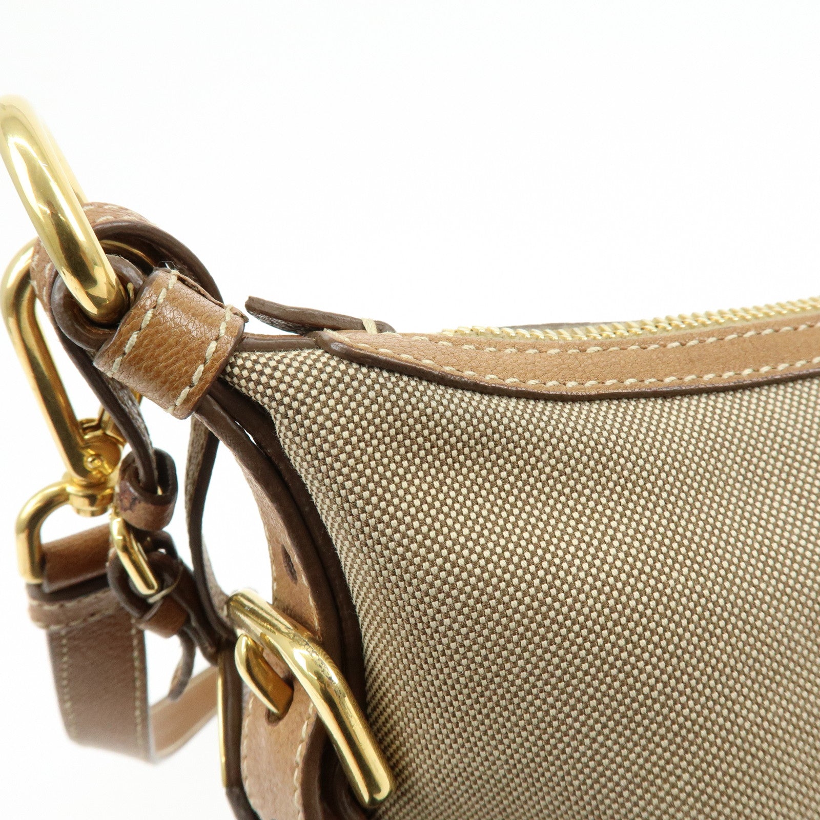 PRADA Logo Jacquard Canvas Leather Shoulder Bag Crossbody Bag Brown