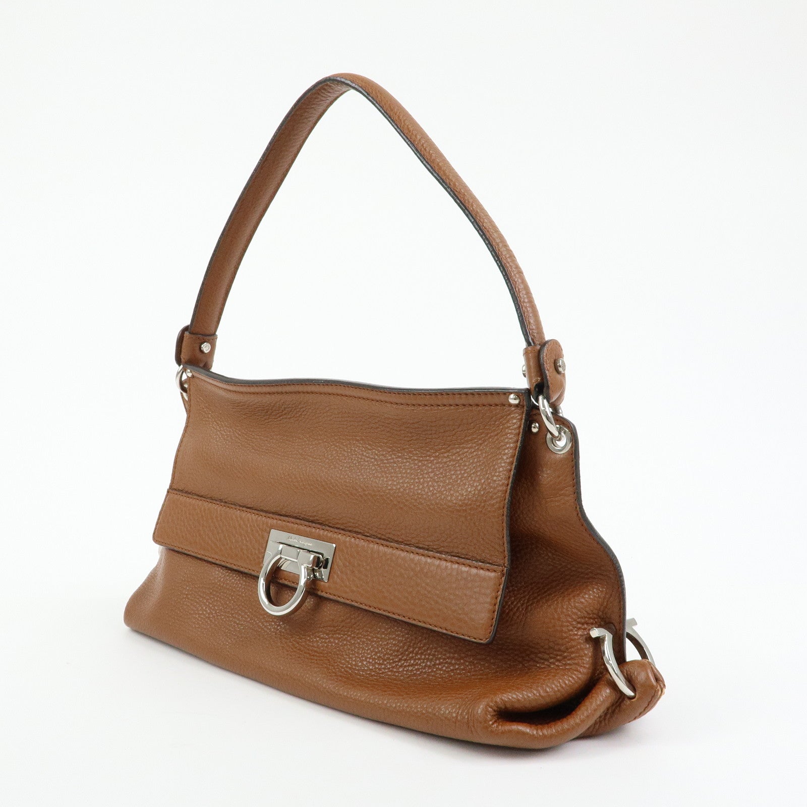 Ferragamo Gancini Leather Shoulder Bag Hand Bag Brown