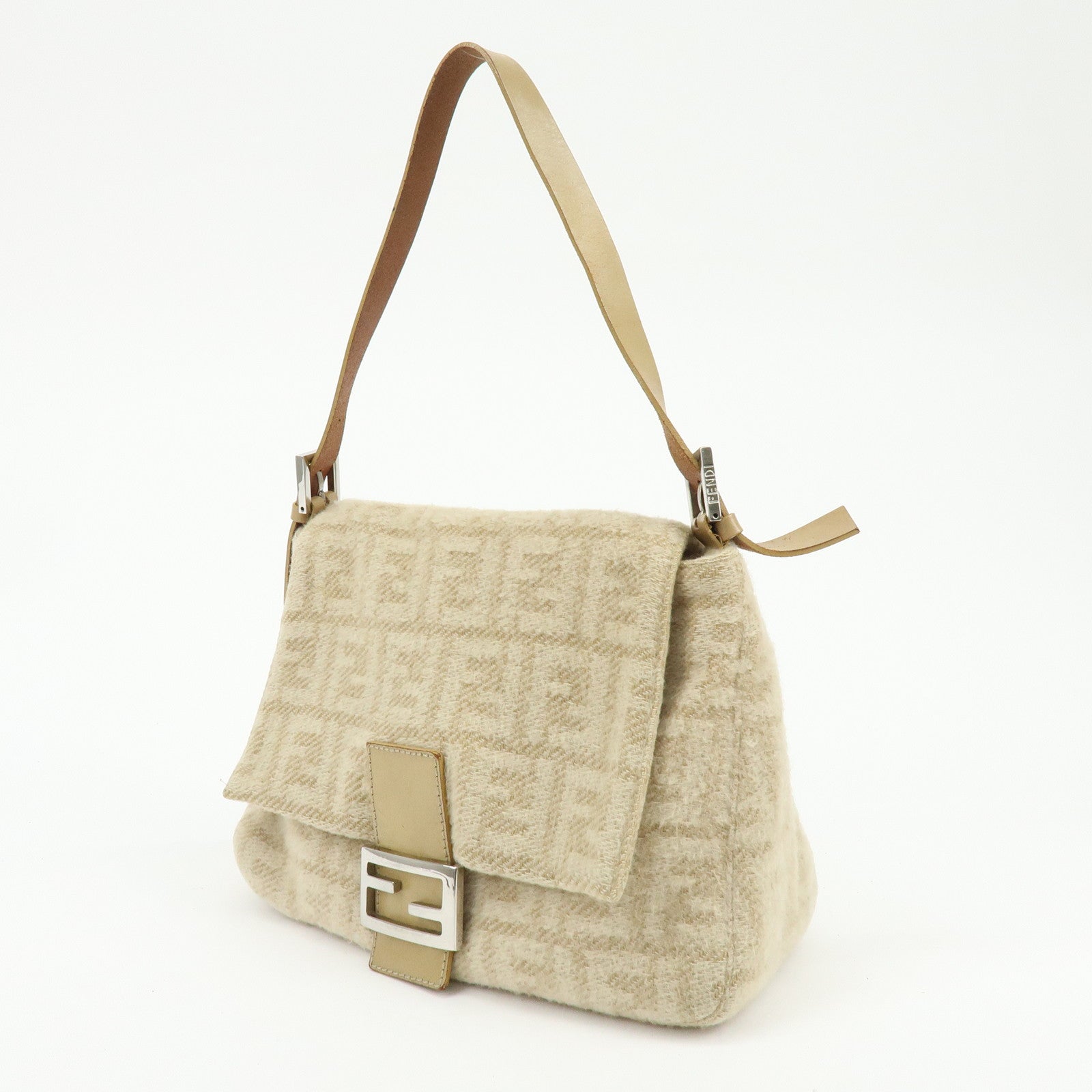 FENDI Mamma Baguette Zucca Wool Leather Shoulder Bag Beige 26325