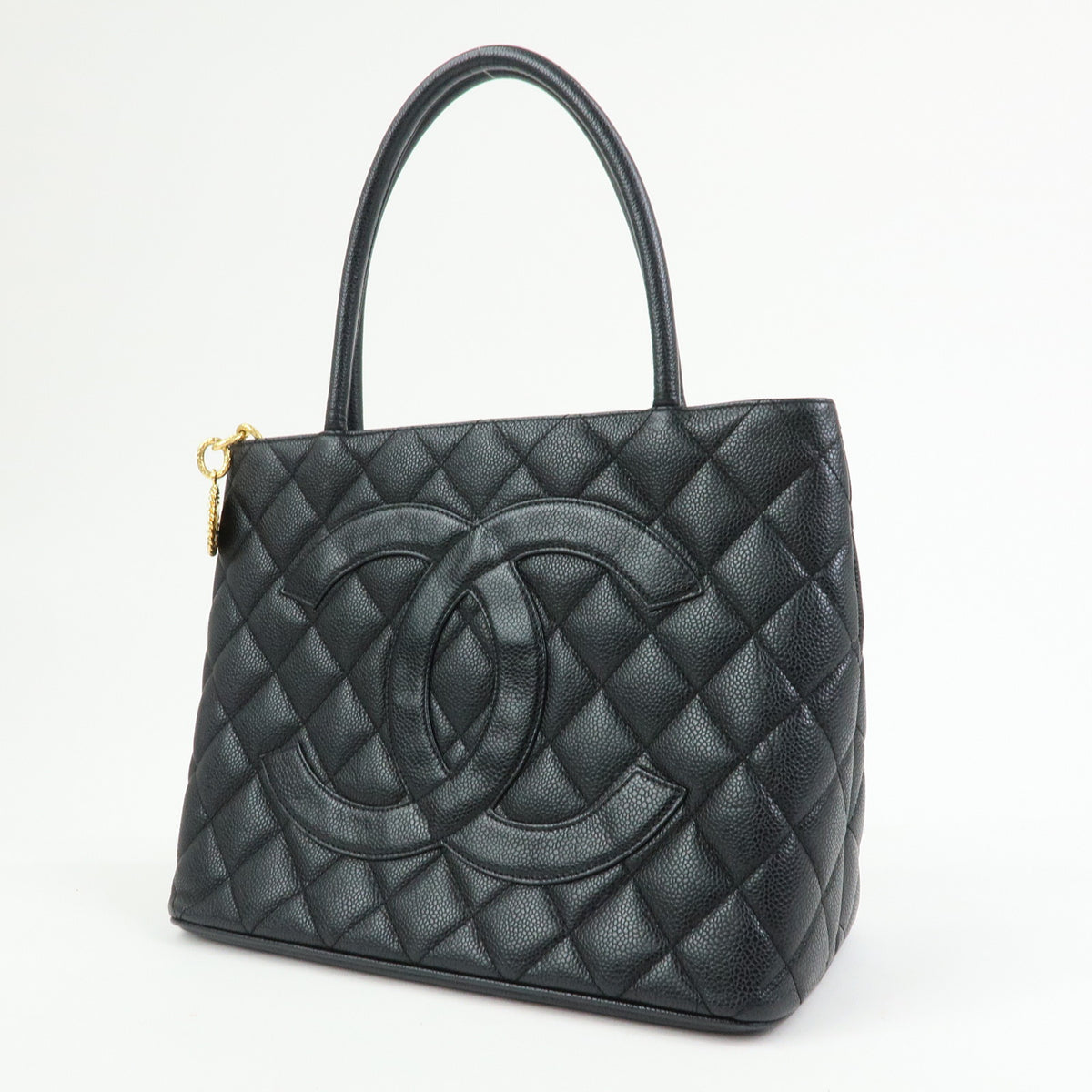 CHANEL Matelasse COCO Mark Caviarskin Medallion Tote Bag Black A01804