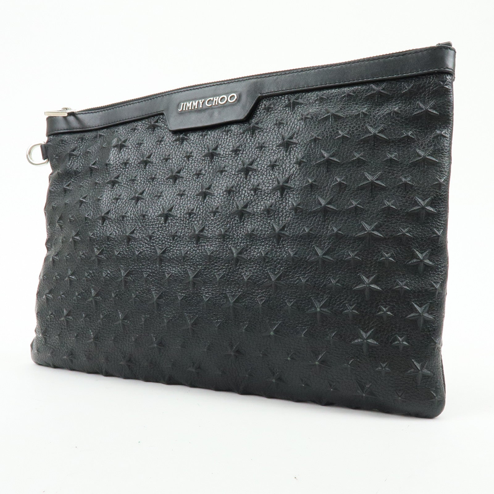 JIMMY CHOO Leather Clutch Bag Pouch Star Embossed Studs Black