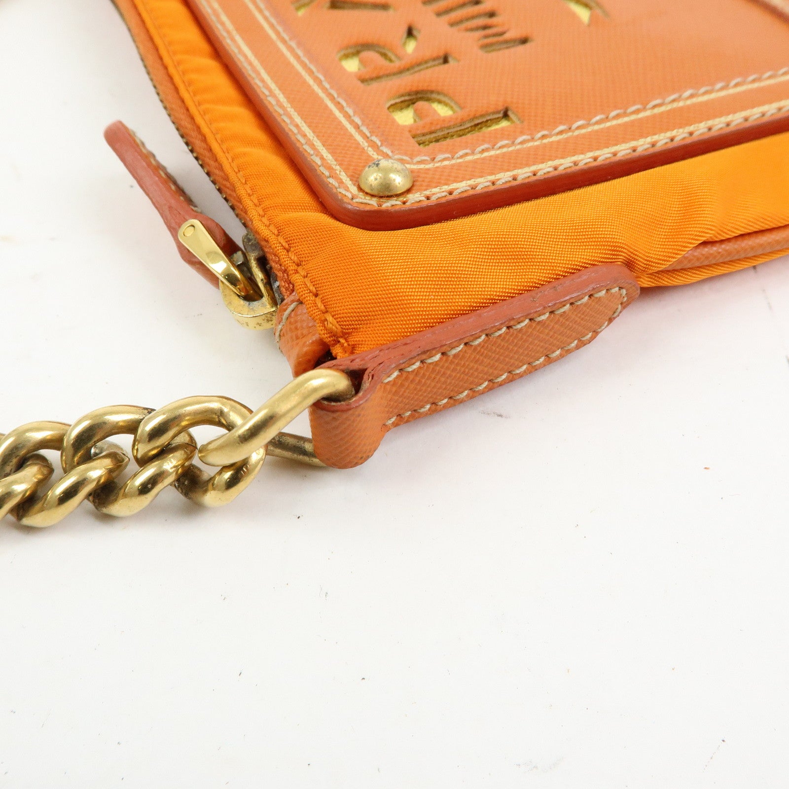 PRADA Nylon Leather Chain Shoulder Bag Crossbody Bag Papaya Orange