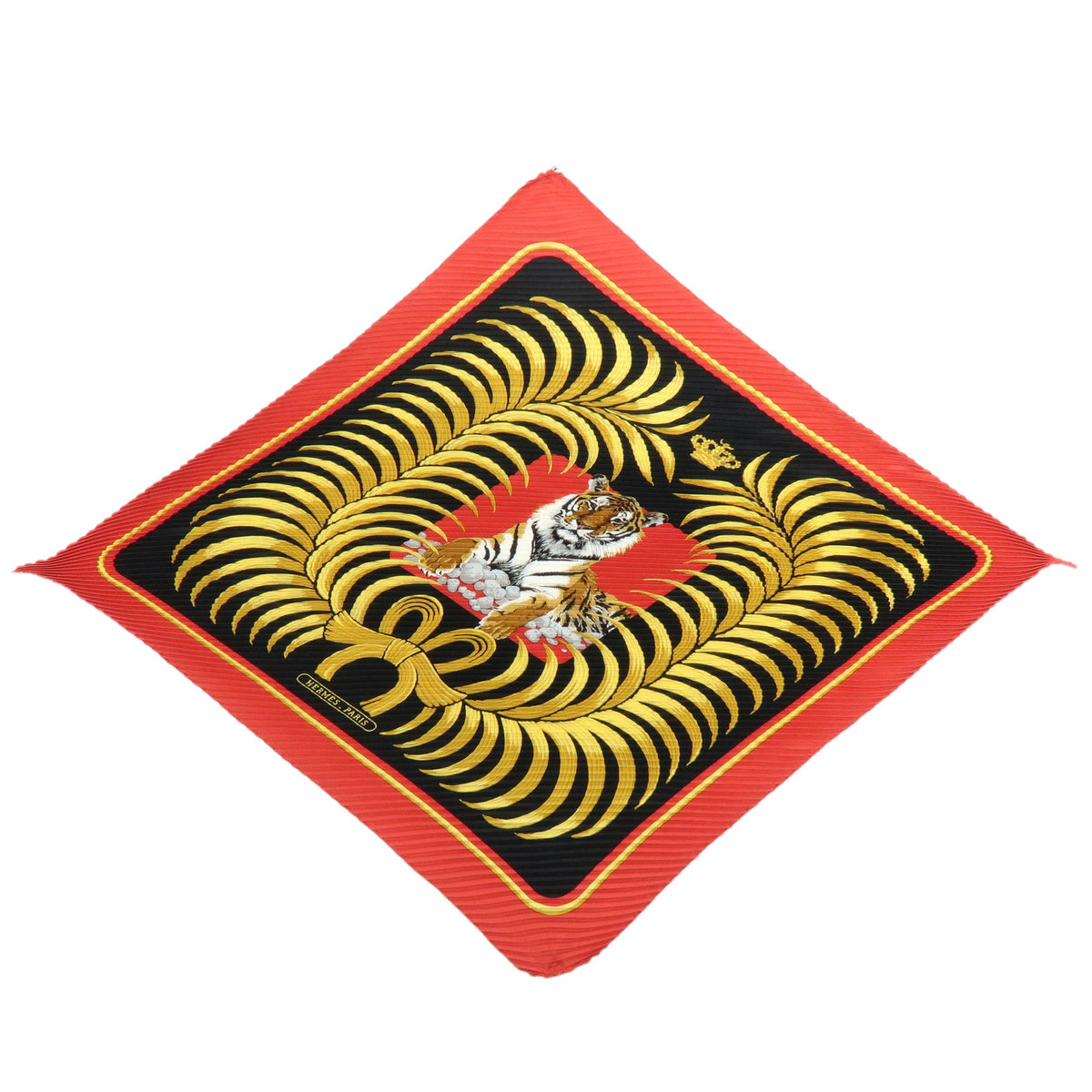 HERMES Pleated Carre 90 Silk 100% Scarf Tigre Royal Black Red Gold