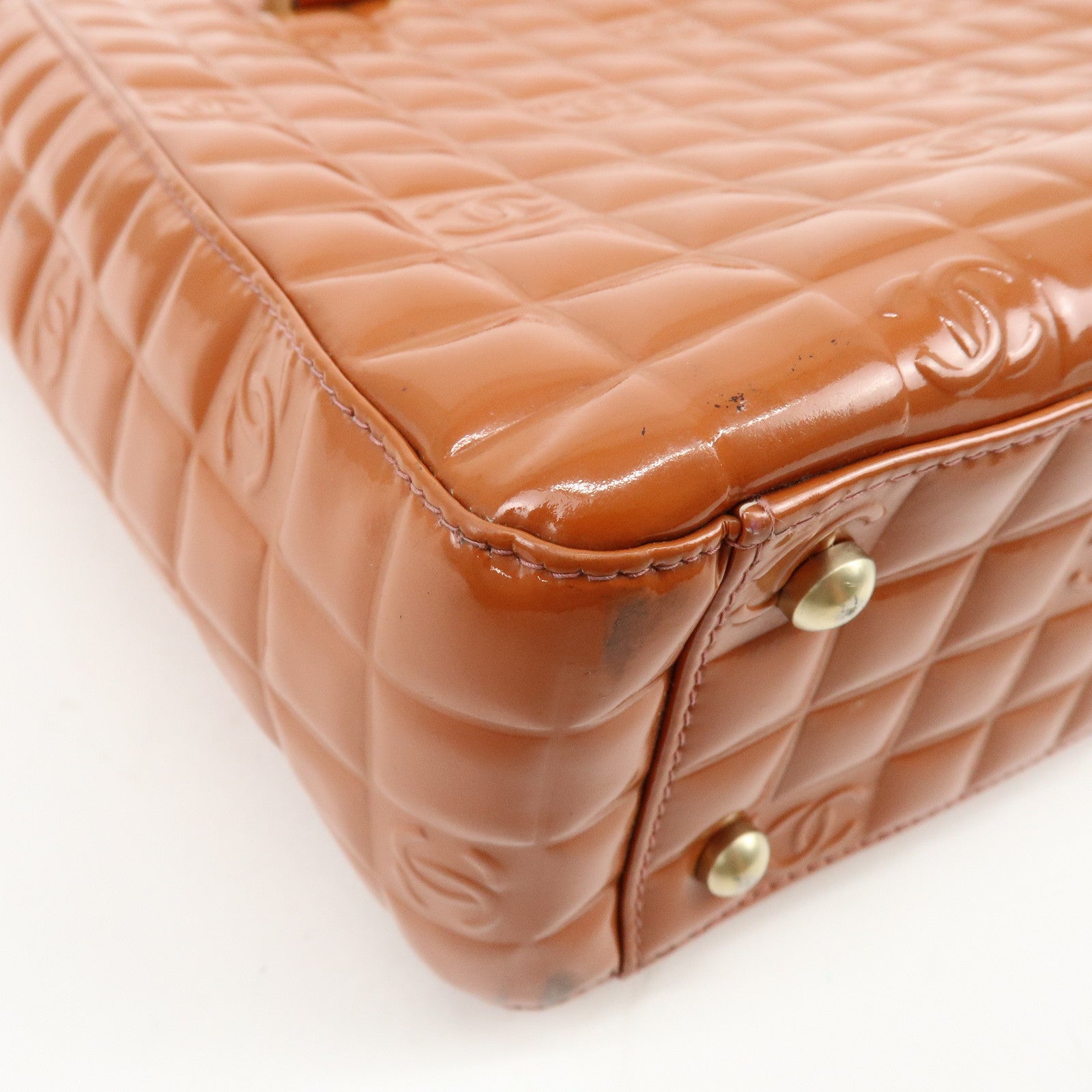 CHANEL Chocolate Bar COCO Mark Patent Leather Hand Bag Tote Bag Orange