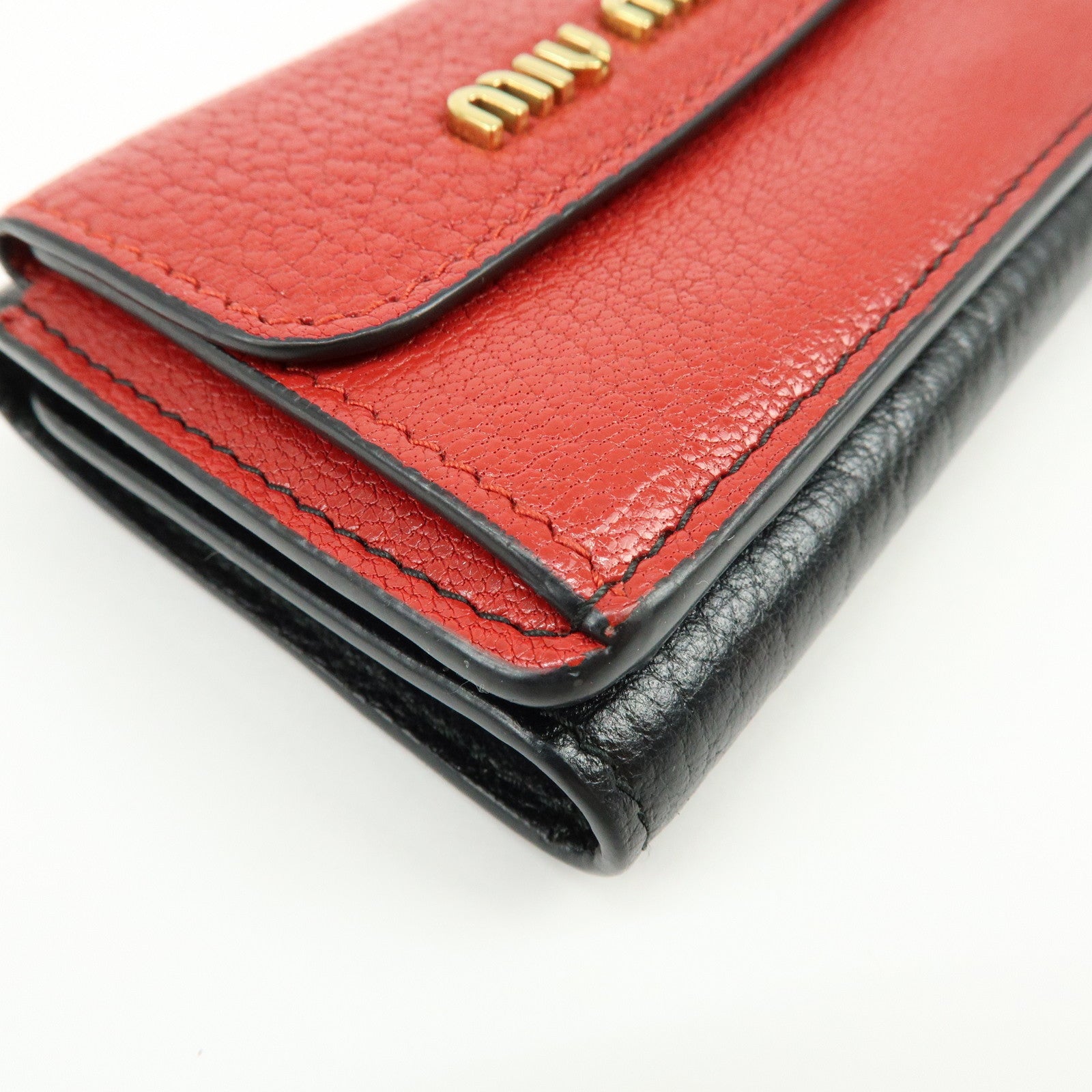 MIU MIU Logo Madras Leather Tri-fold Compact Wallet Red Black 5MH020