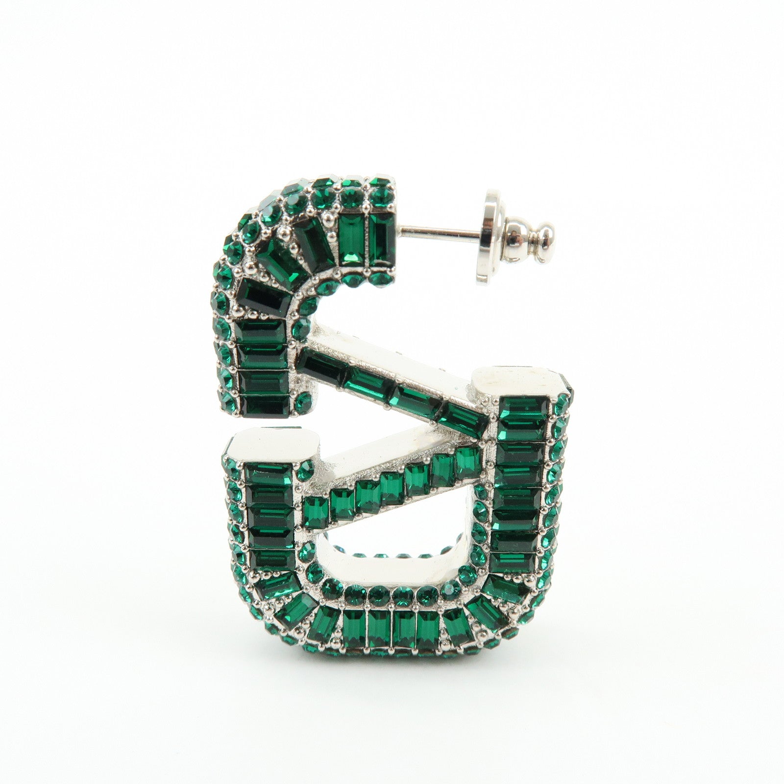 VALENTINO V Logo Signature Metal Rhinestone Earrings Green Silver