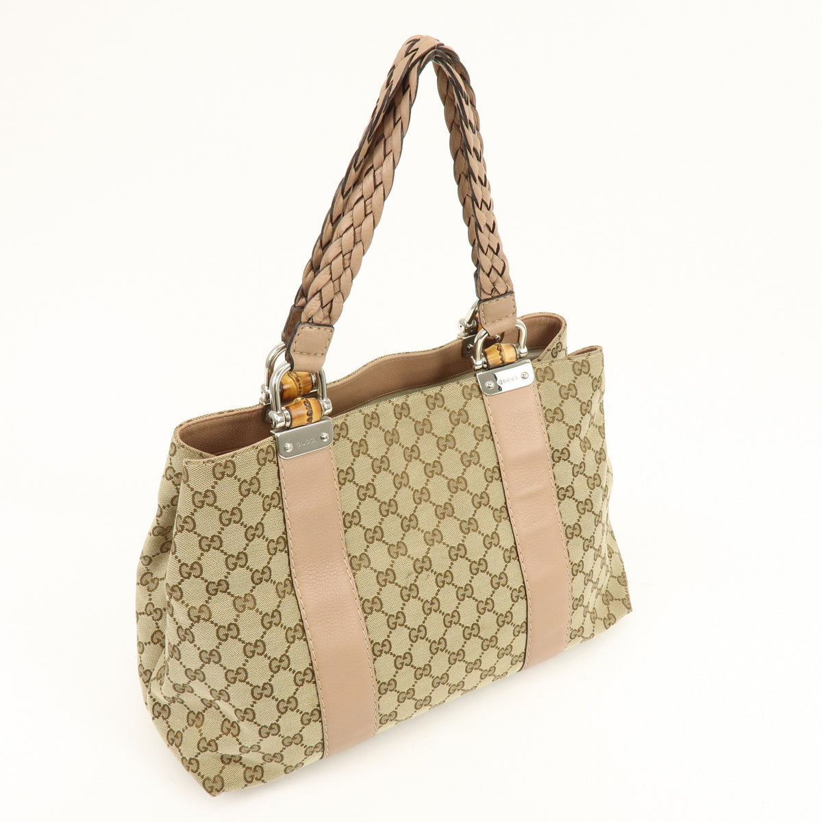 GUCCI Bamboo GG Canvas Leather Tote Bag Beige Brown Pink 232947