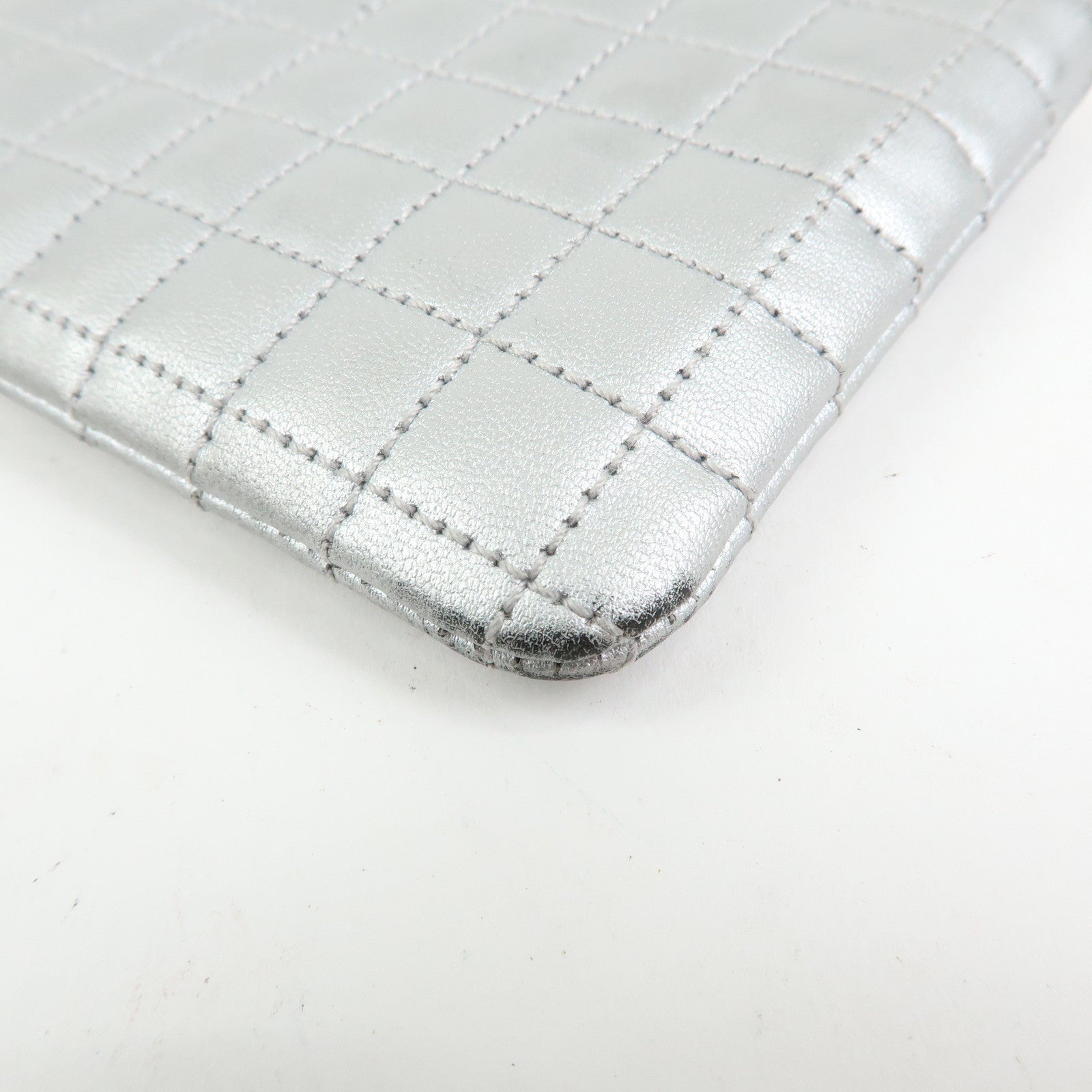 CELINE Leather C Charm Coin Case Coin Purse Metallic Silver