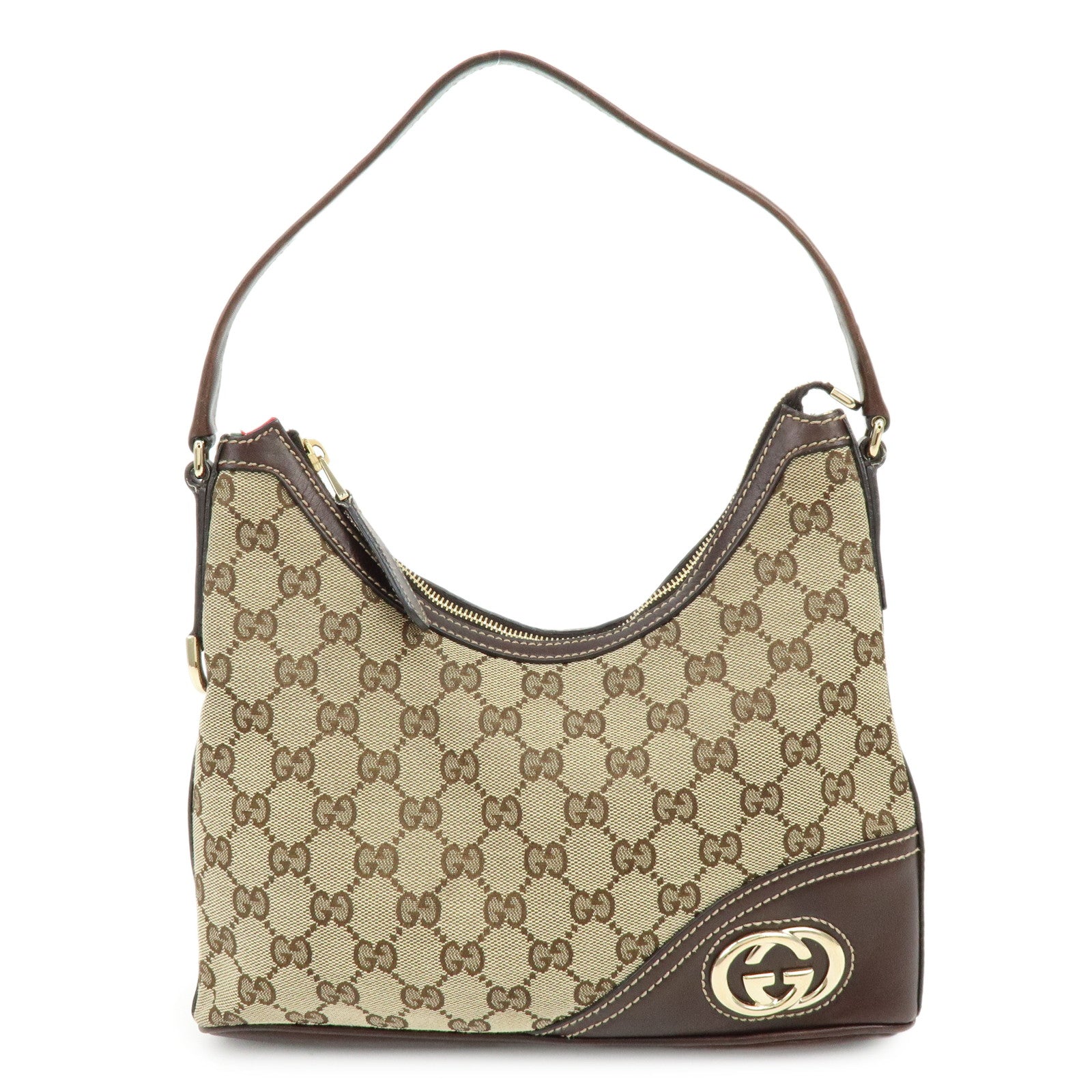 GUCCI Interlocking G Canvas Leather Shoulder Bag Hand Bag Beige Brown