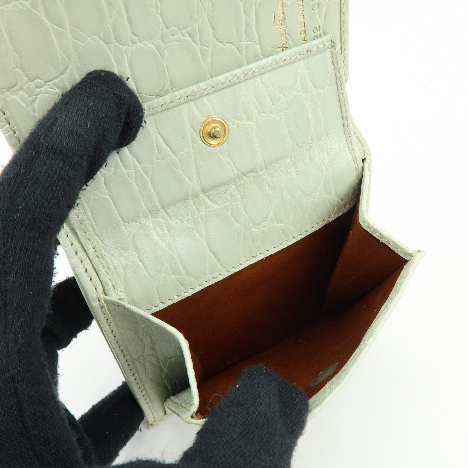 Ferragamo Vara Embossed Leather Compact Wallet Light Green