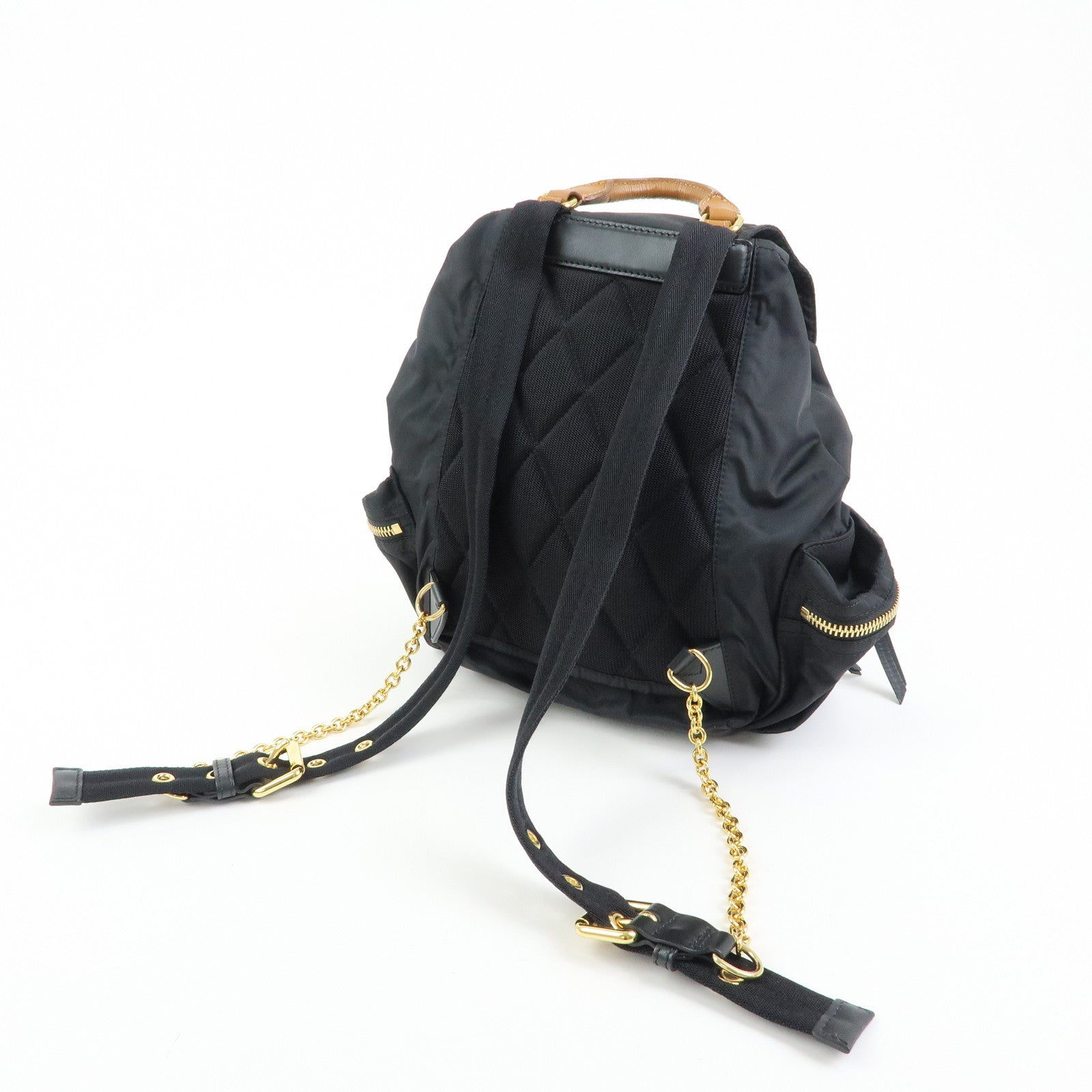 BURBERRY Nylon Leather Backpack Rucksack Gold Chain Black