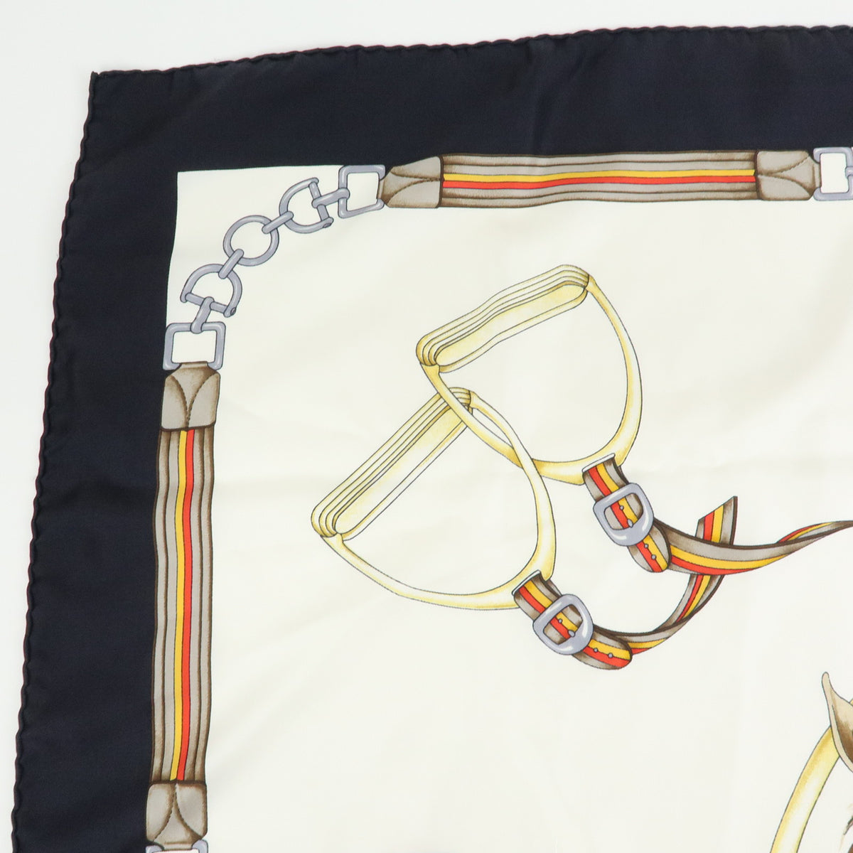 CELINE Lot of 2 Silk 100% Scarf Horse Motif Navy Black Gold White