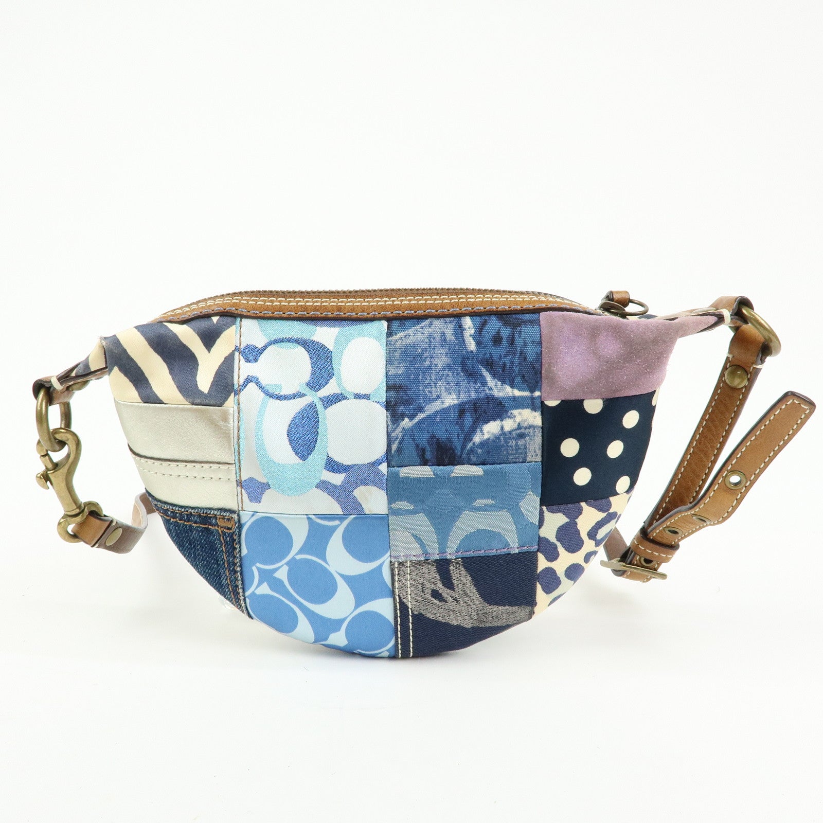 COACH Sigunature Canvas Silk Leather Patchwork Shoulder Bag Blue Brown