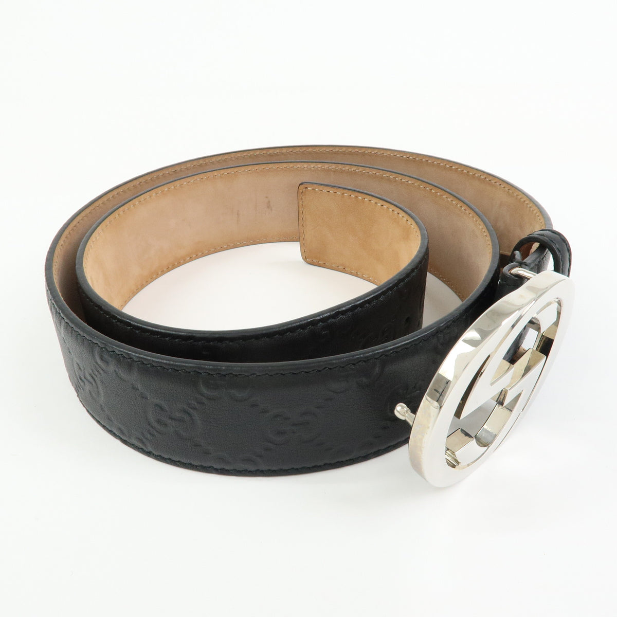 GUCCI Interlocking G Guccissima Leather Belt Black Silver 114984