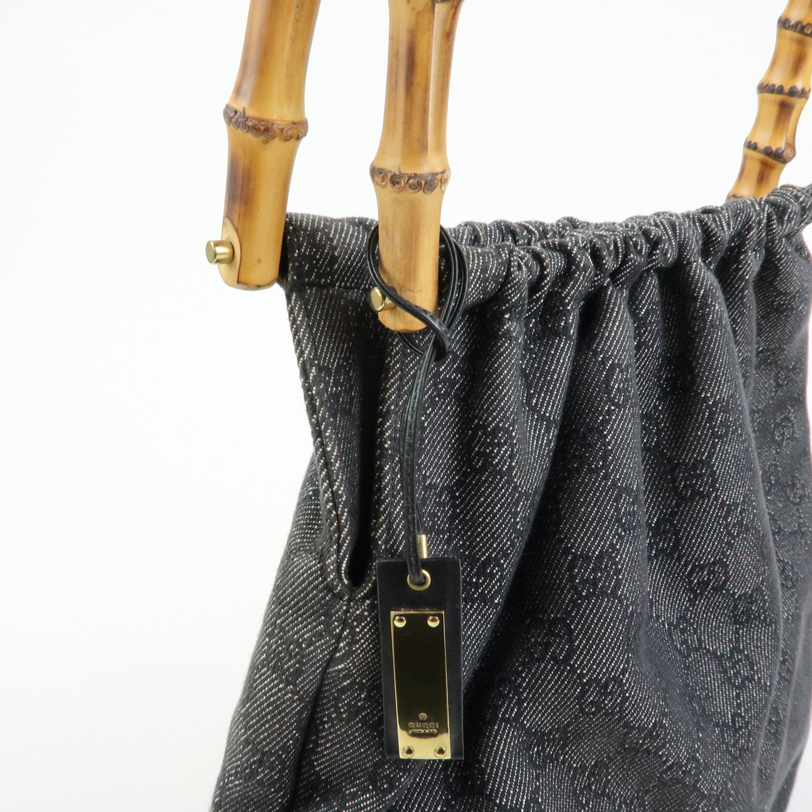 GUCCI Bamboo GG Monogram Denim Shoulder Bag Hand Bag Black 92709