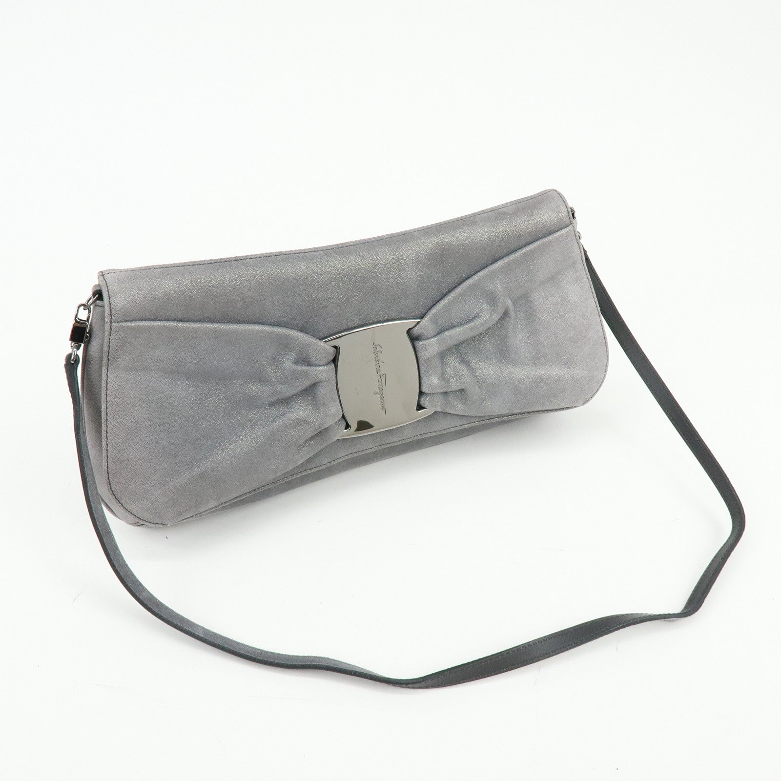 Ferragamo Vara Ribbon Leather Shoulder Bag Clutch Bag Metallic Gray