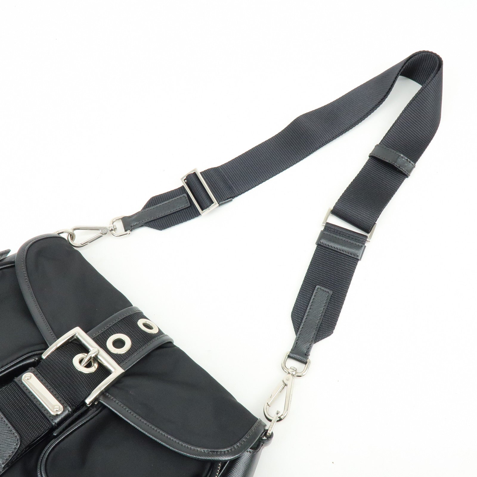 PRADA Triangle Logo Nylon Saffiano Leather Shoulder Bag Black BT0464
