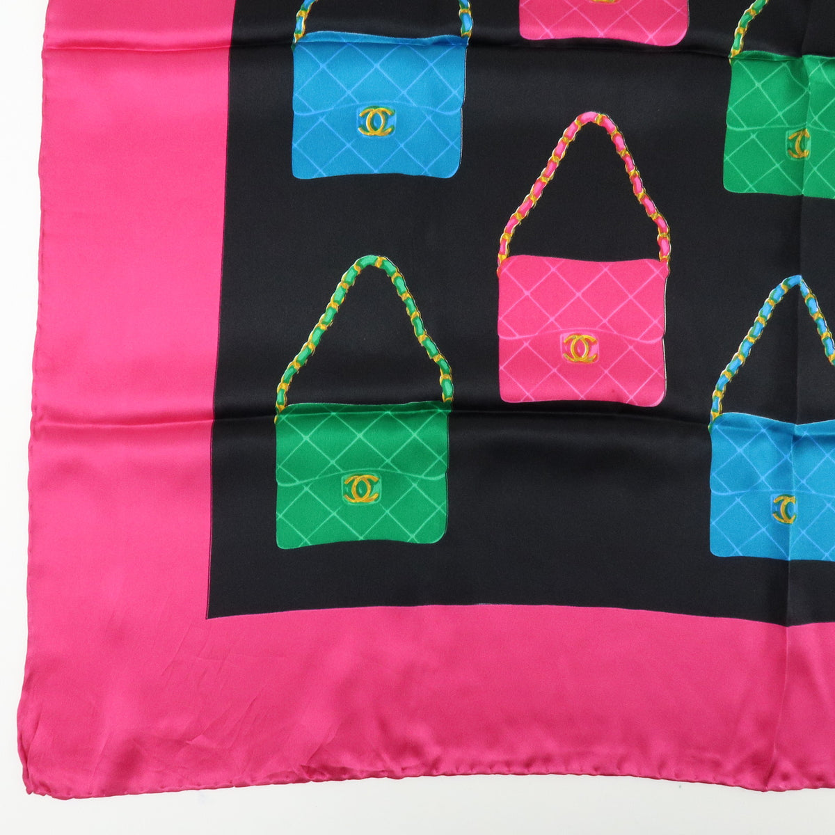 CHANEL Silk 100% Scarf Matelasse Bag Print Black Pink Green Blue