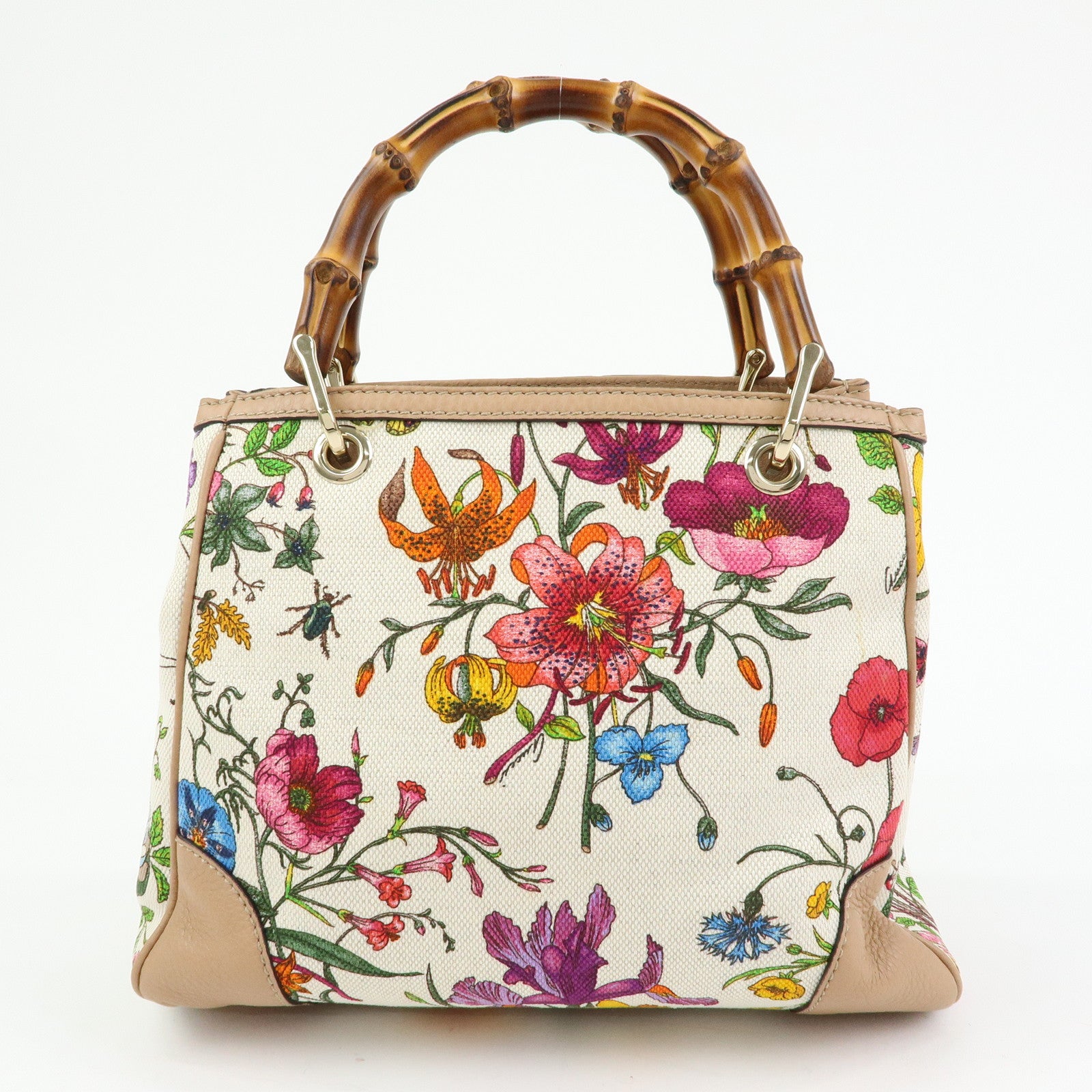 GUCCI Bamboo Flora Canvas Leather 2Way Bag Japan Limited Ivory 336032
