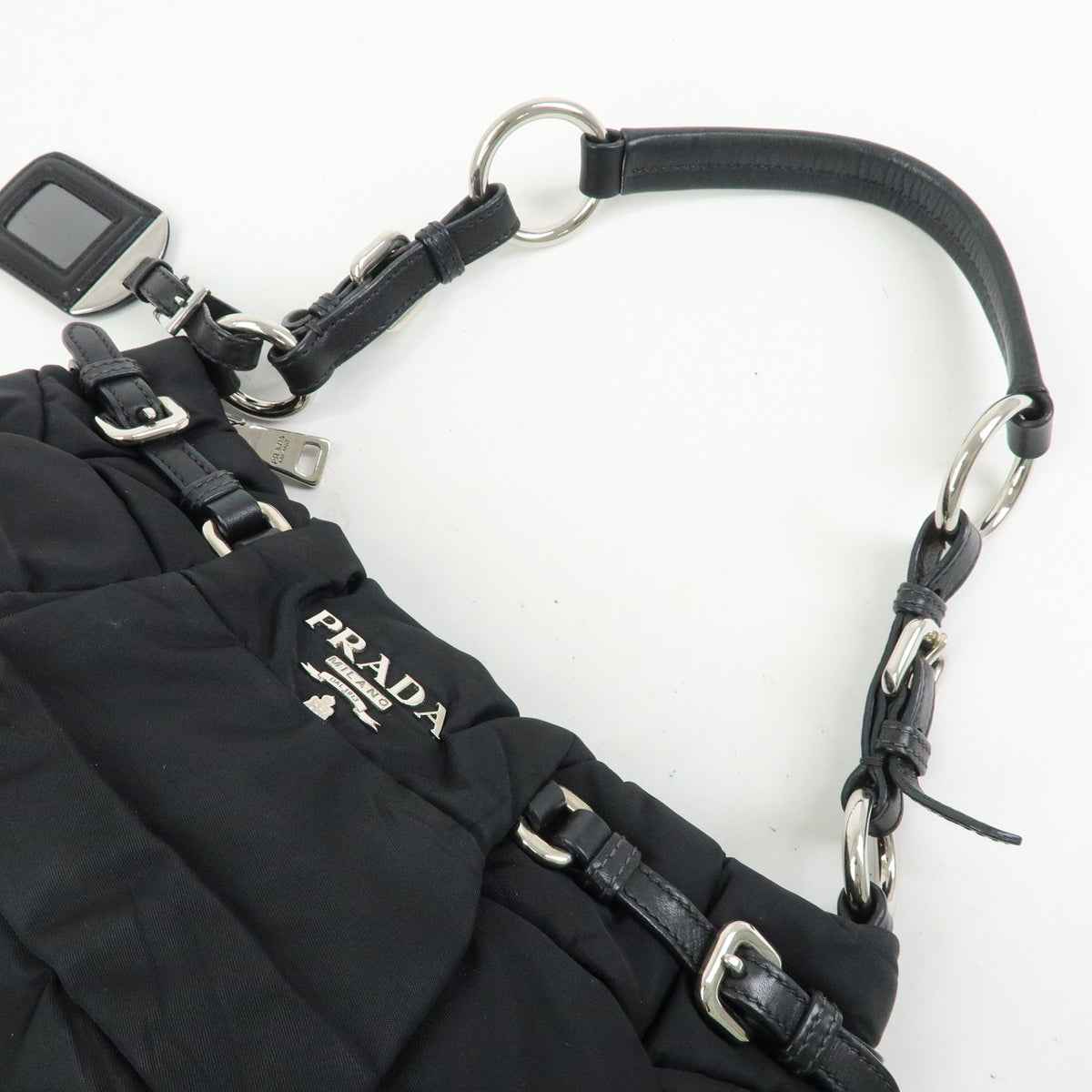 PRADA Tessuto Gathered Nylon Leather Shoulder Bag Hand Bag Black BN1704