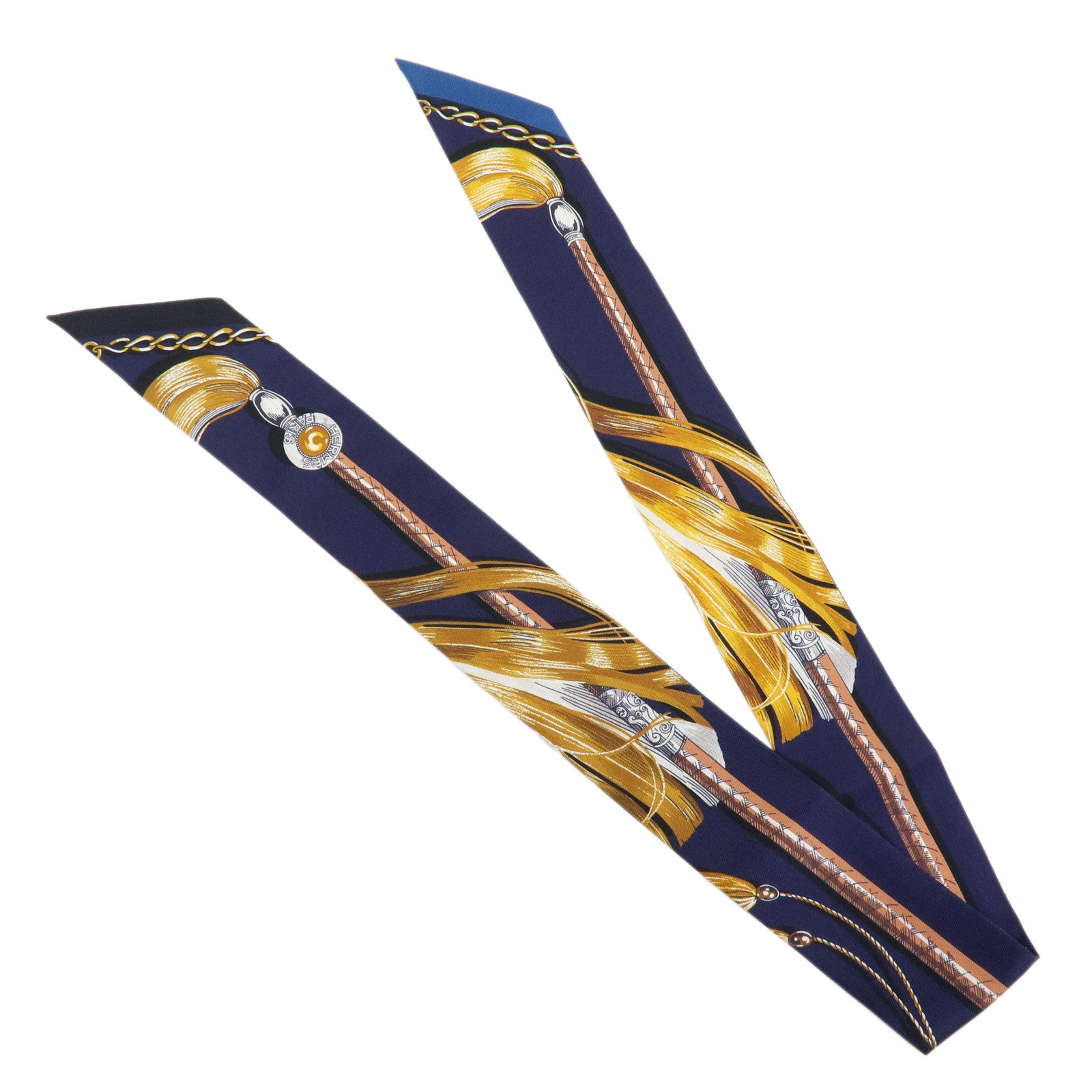 HERMES Twilly Silk 100% Scarf Cavalcades Dressage Whip Print Navy