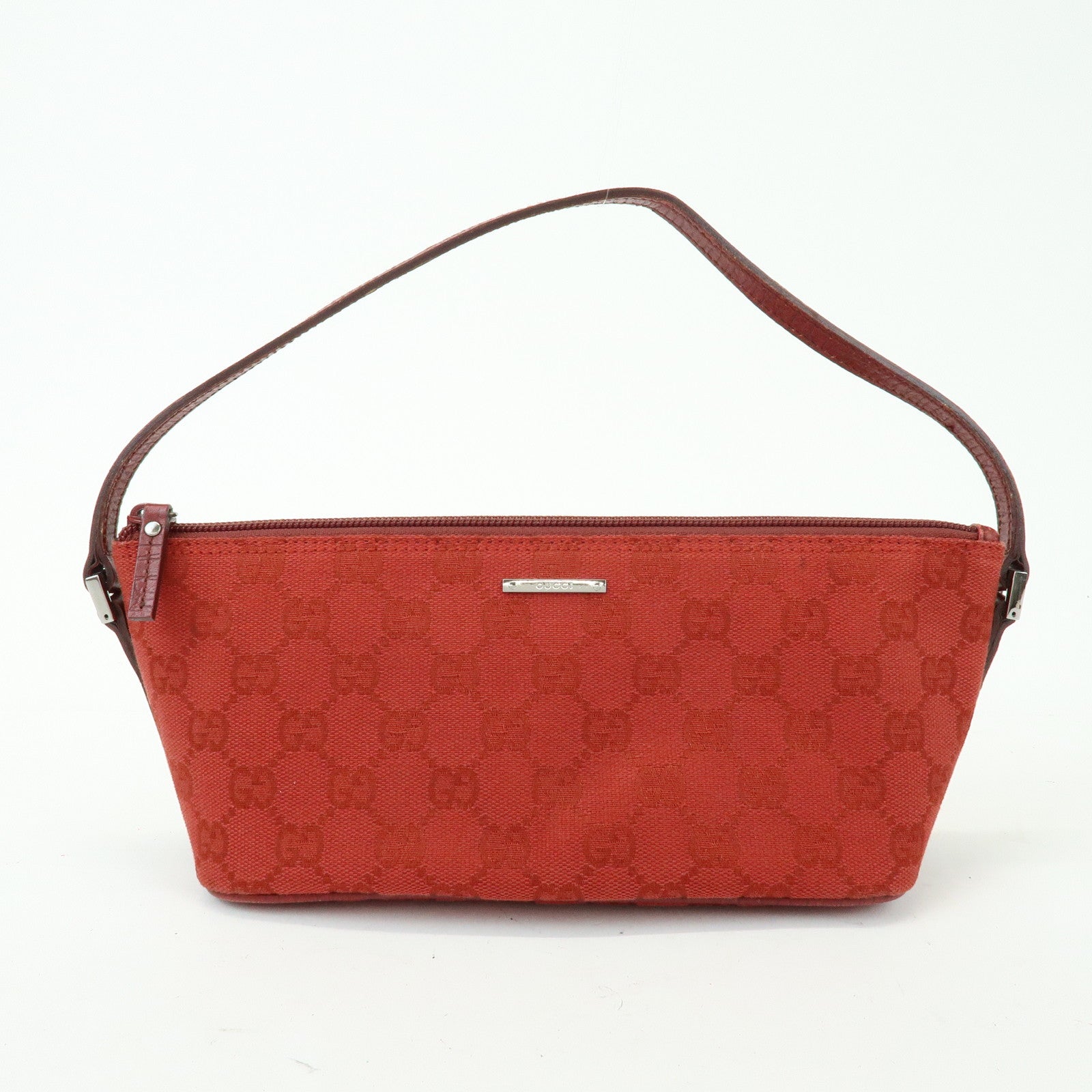 GUCCI Boat Bag GG Canvas Leather Accessory Pouch Hand Bag Red 07198
