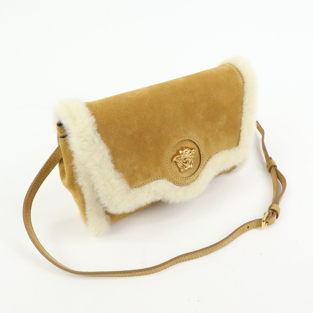 VERSACE Meduca Suede Fur 2Way Bag Hand Shoulder Bag Beige