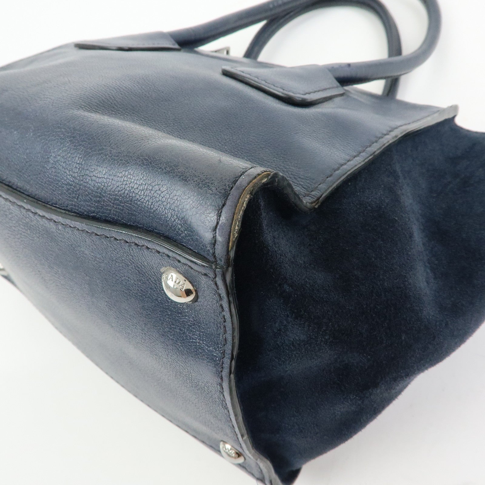 PRADA Triangle Logo Leather 2Way Bag Tote Bag Hand Bag Navy B2625M