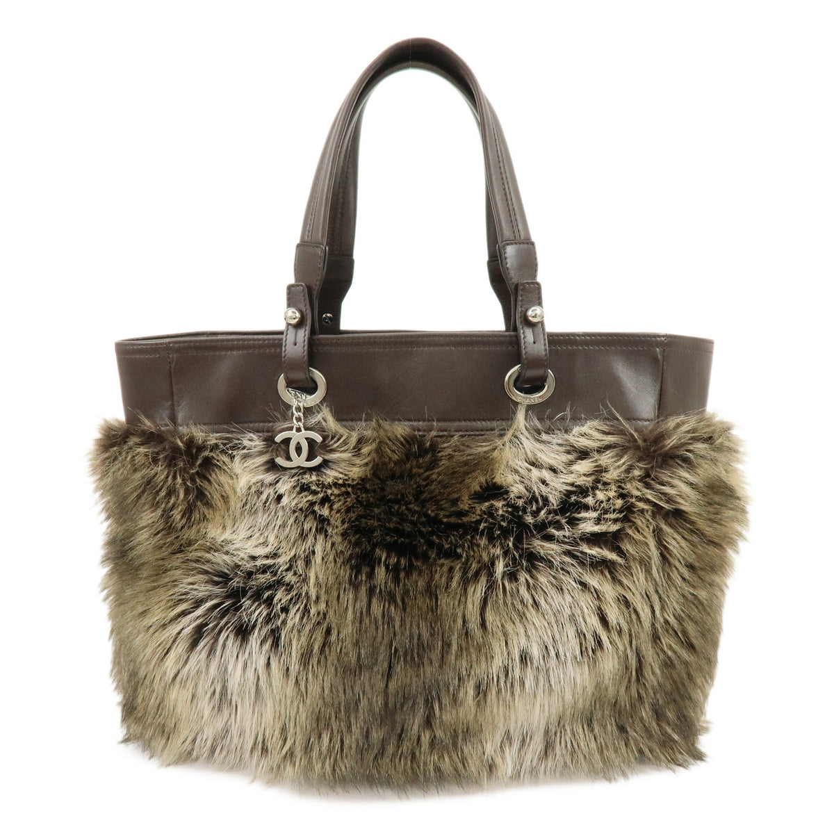 CHANEL Paris Biarritz Fur Leather Tote Bag Shoulder Bag Brown Beige