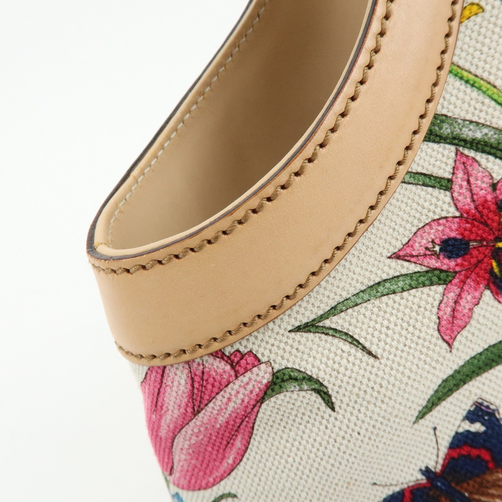GUCCI Bamboo Flora Canvas Leather Hand Bag Multicolor Beige 137395