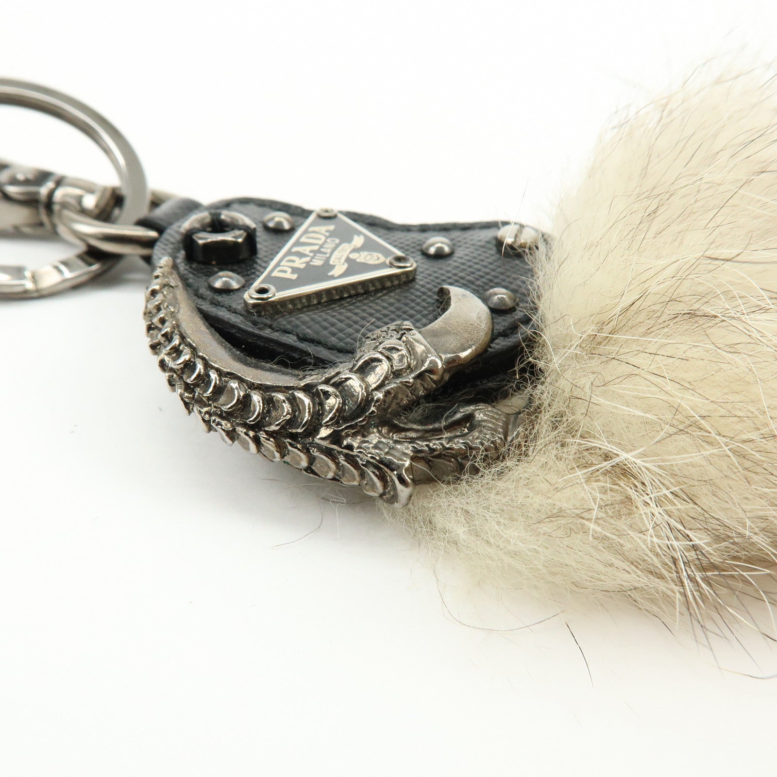 PRADA Triangle Log Saffiano Leather Fur Bag Charm Key Charm Beige