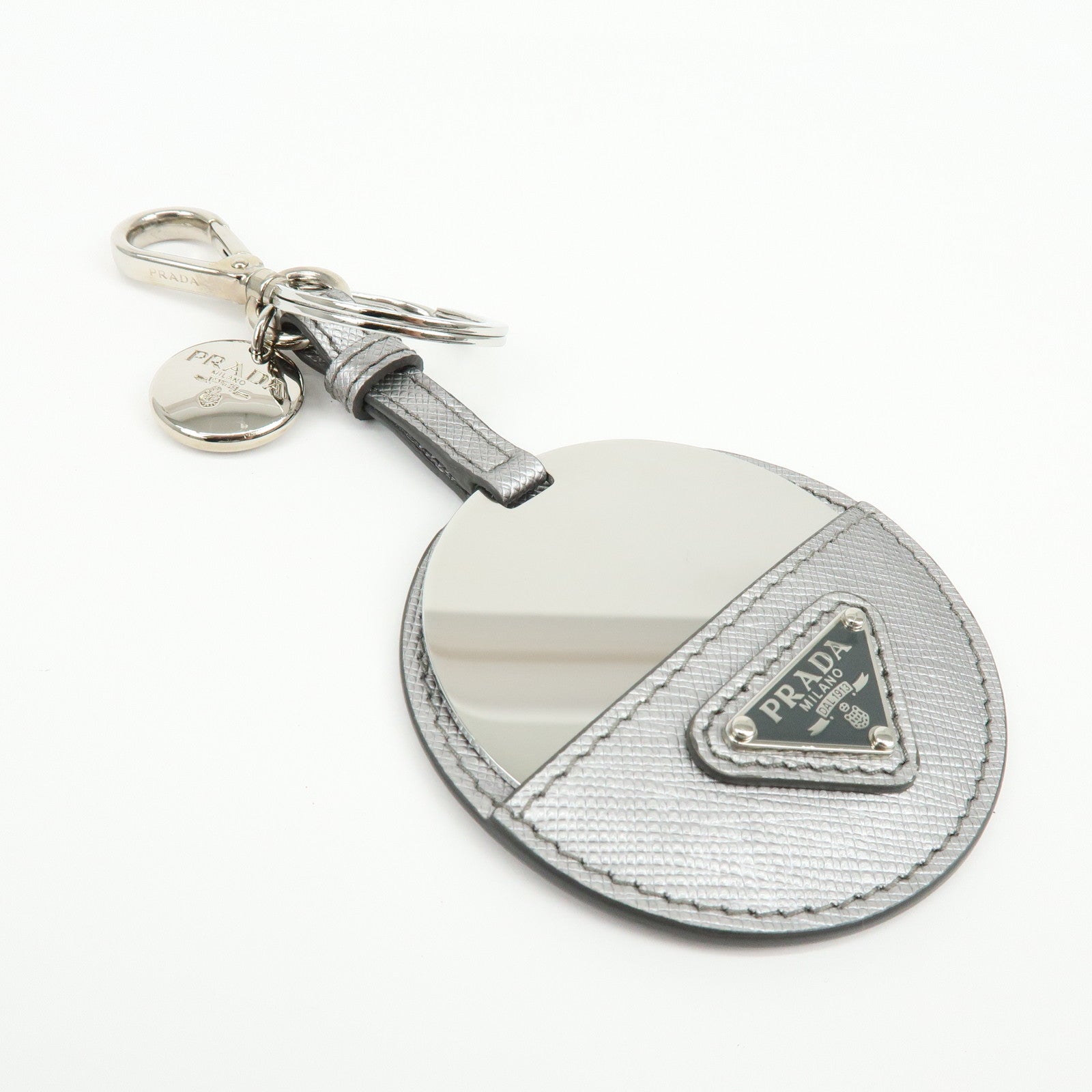 PRADA Triangle Logo Saffiano Leather Bag Charm Key Holder Silver 1TL489
