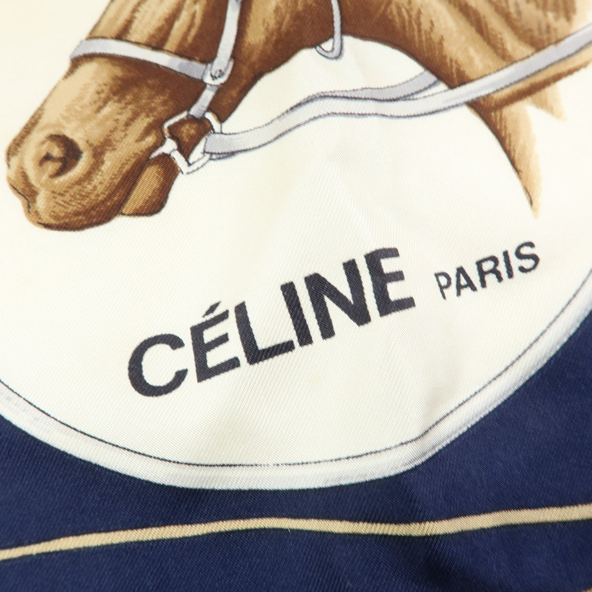 CELINE Lot of 2 Silk 100% Scarf Horse Motif Navy Black Gold White
