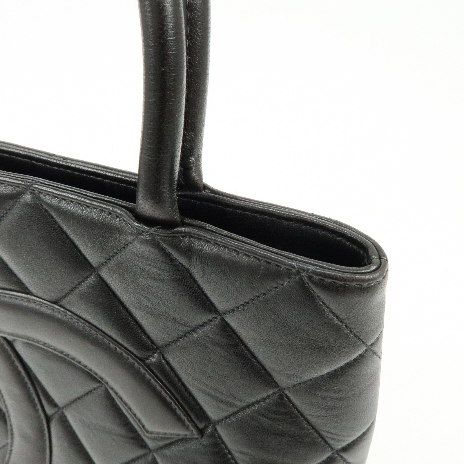 CHANEL Matelasse COCO Mark Calf Skin Medallion Tote Bag Black A01804