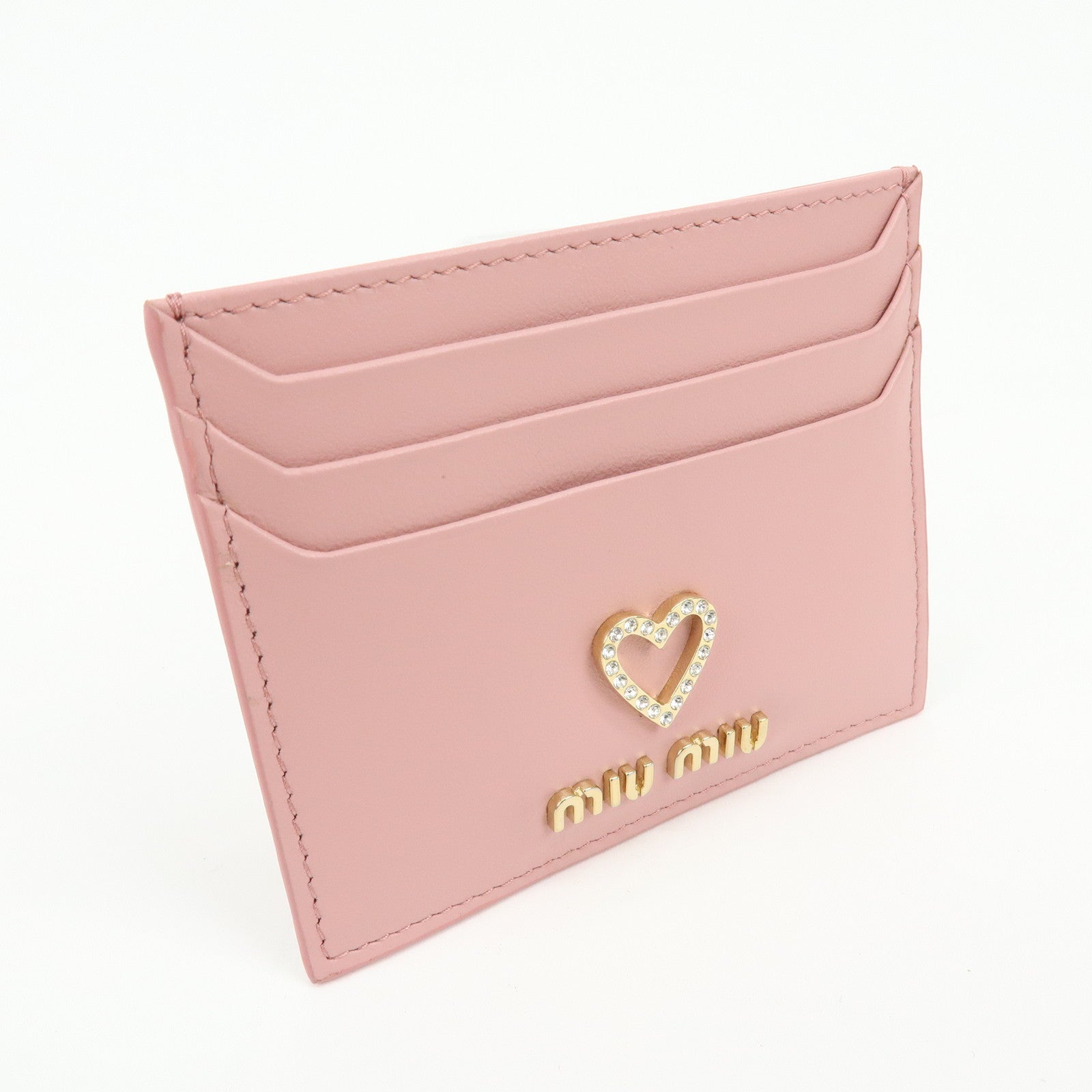 MIU MIU Leather Card Case Valentine Limited Heart Motif Rhinestone Pink