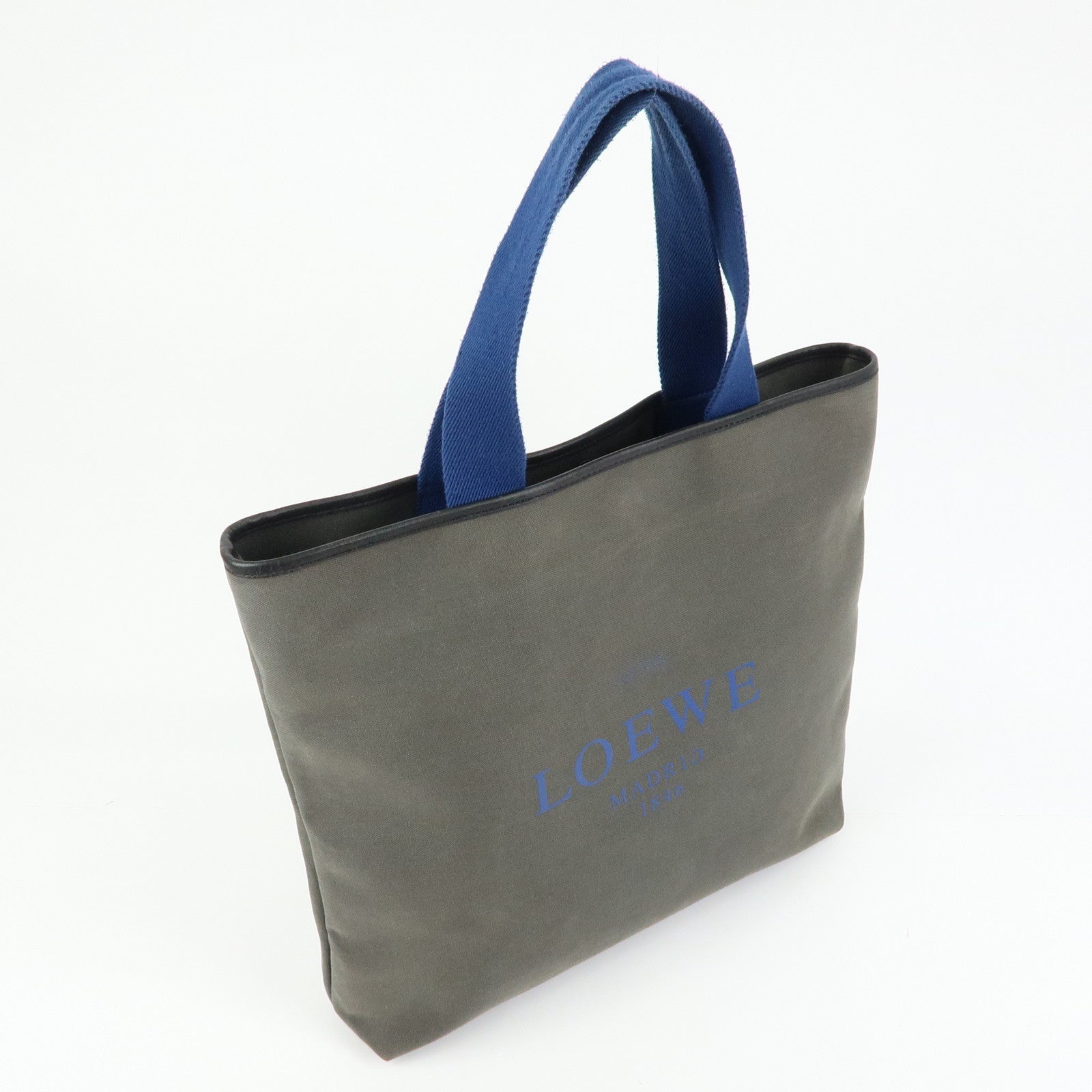 LOEWE Logo Canvas Leather Tote Bag Shoulder Bag Hand Bag Gray Blue