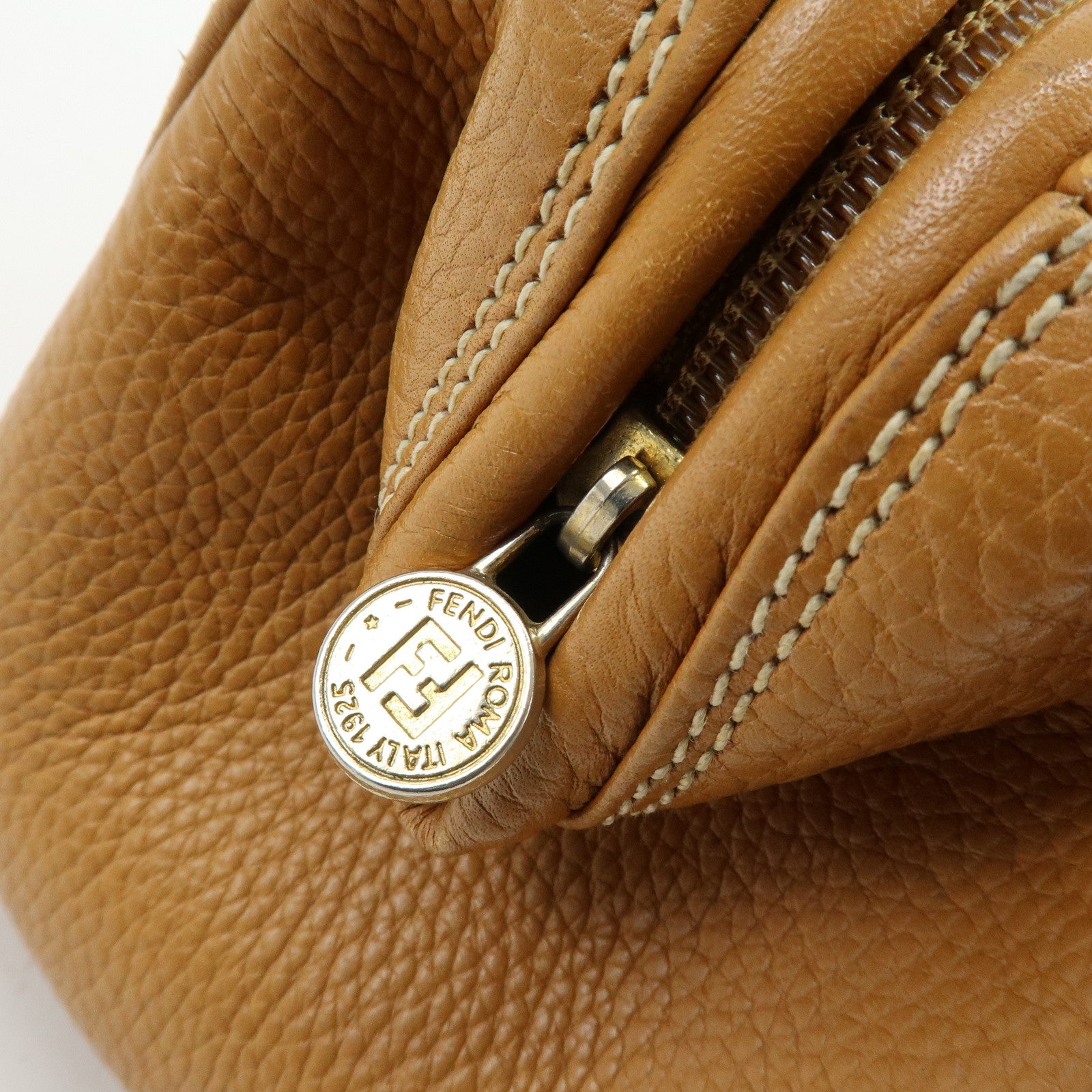 FENDI FF Logo Leather 2Way Bag Hand Bag Boston Bag Camel