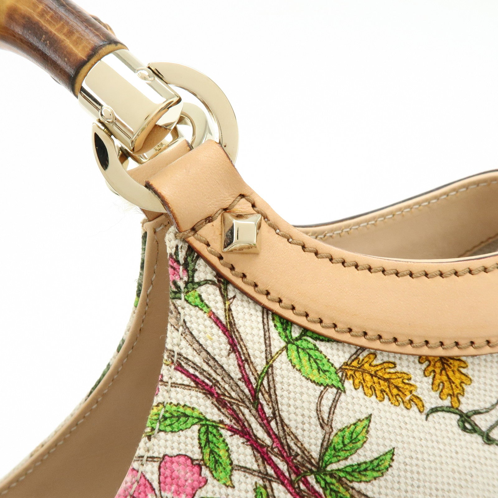 GUCCI Bamboo Flora Canvas Leather Hand Bag Multicolor Beige 137395
