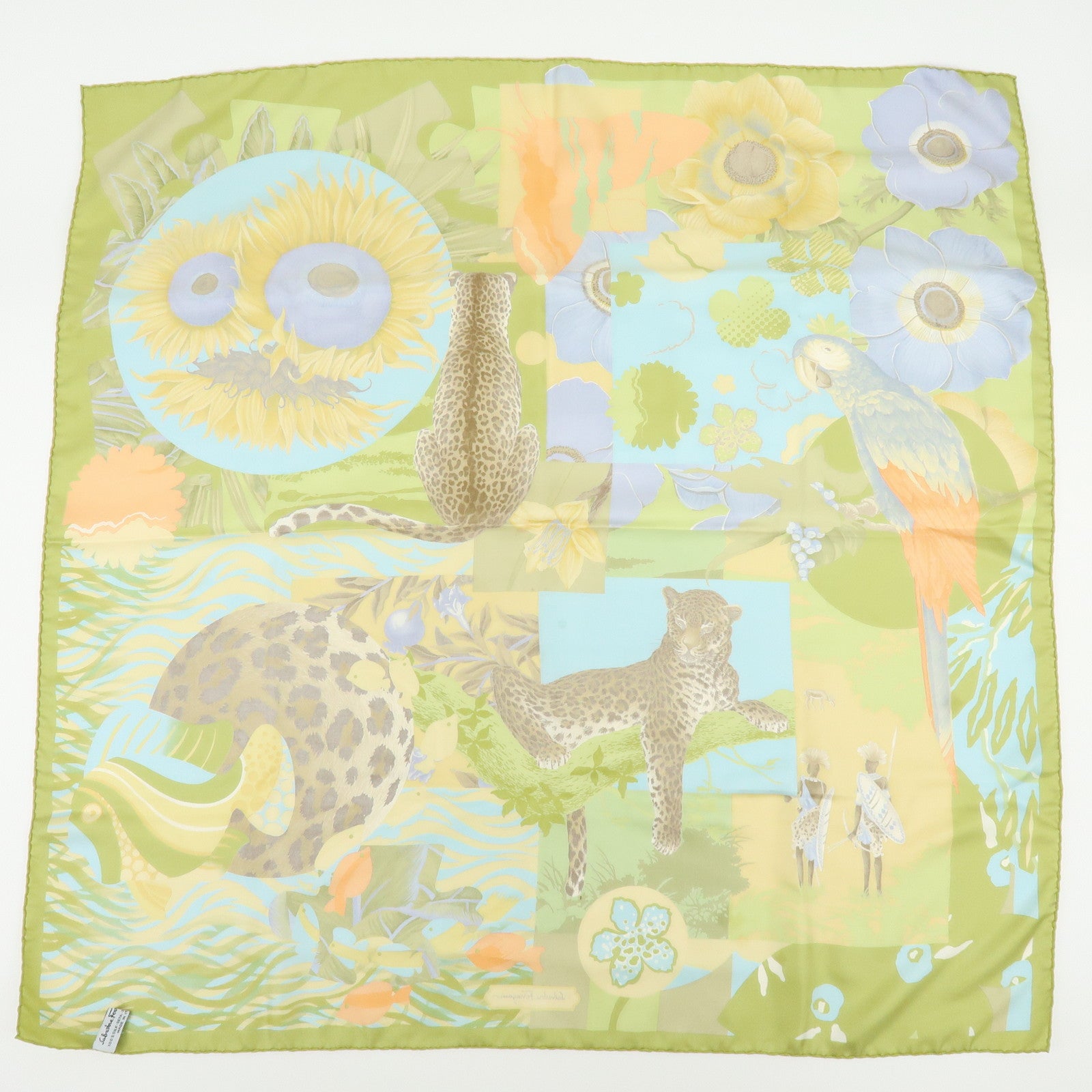 Ferragamo Set of 2 Silk 100% Scarf Tiger Elephant Print Light Green