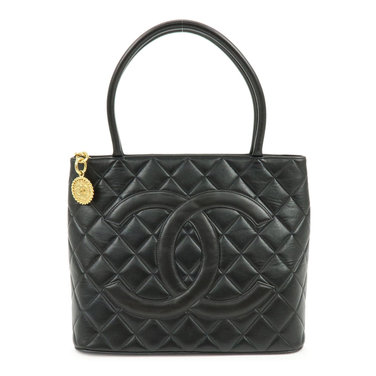 CHANEL Matelasse COCO Mark Calf Skin Medallion Tote Bag Black A01804