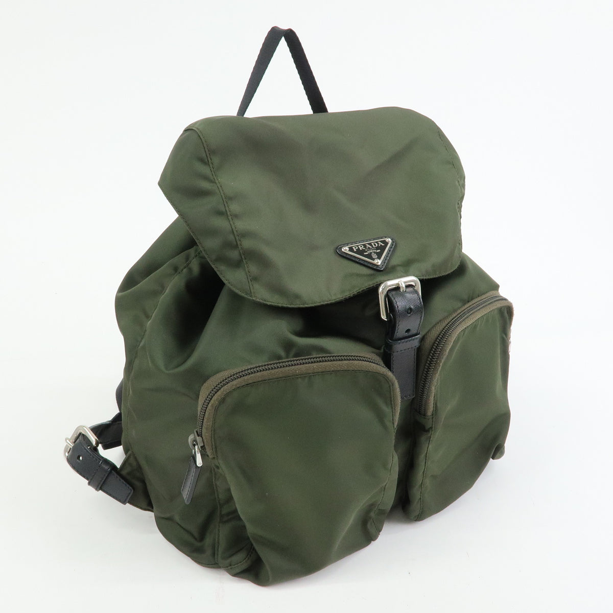PRADA Triangle Logo Nylon Saffiano Leather Backpack Khaki 1BZ005