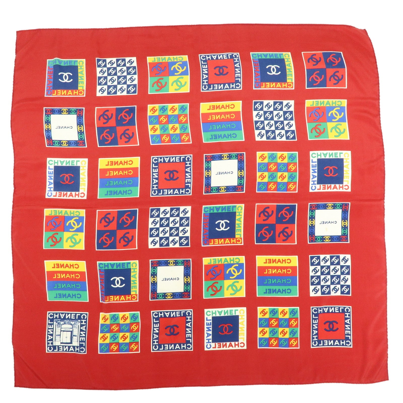 CHANEL COCO Mark Logo Silk 100% Scarf Red Multicolor