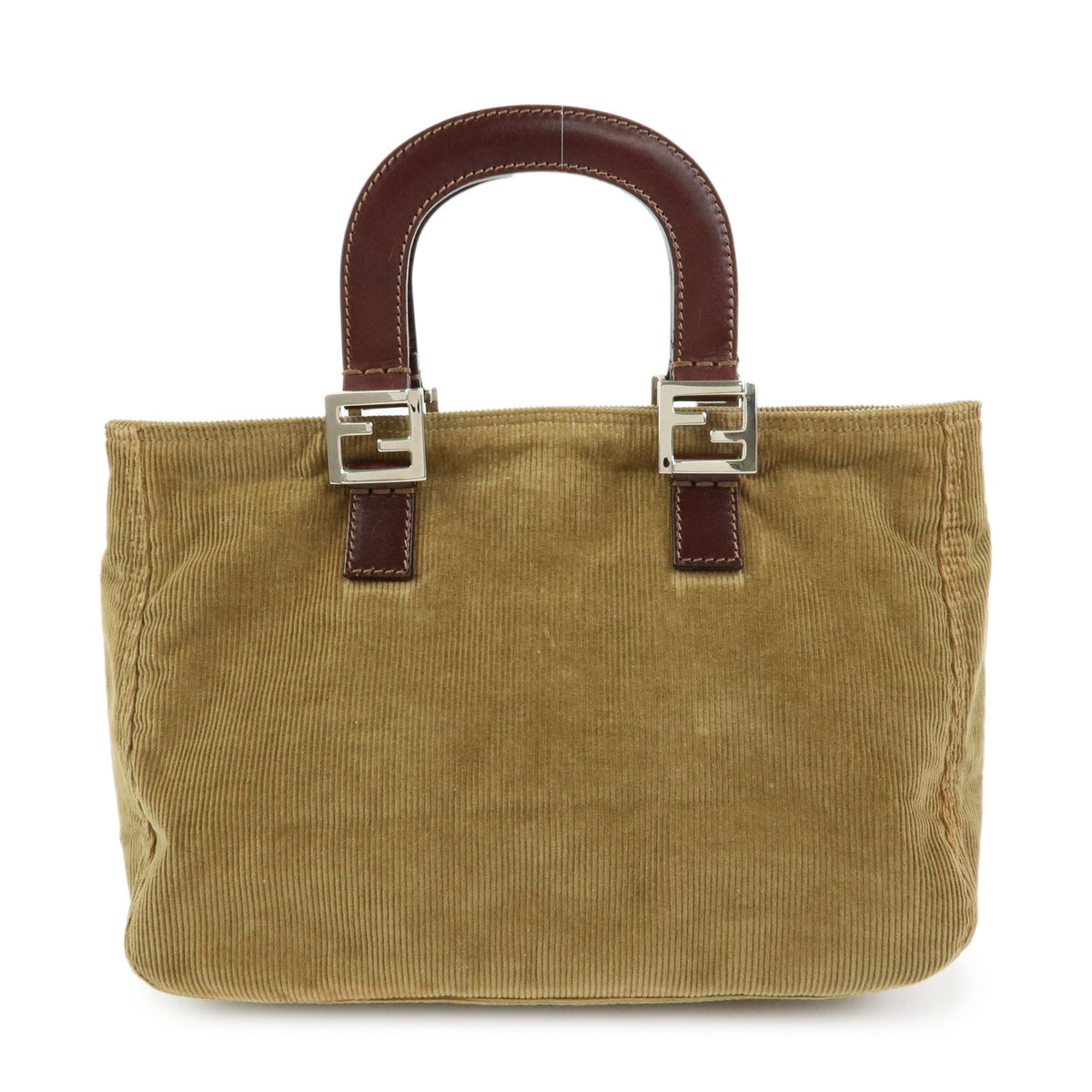 FENDI Corduroy Leather Hand Bag Mini Tote Bag Khaki 26693