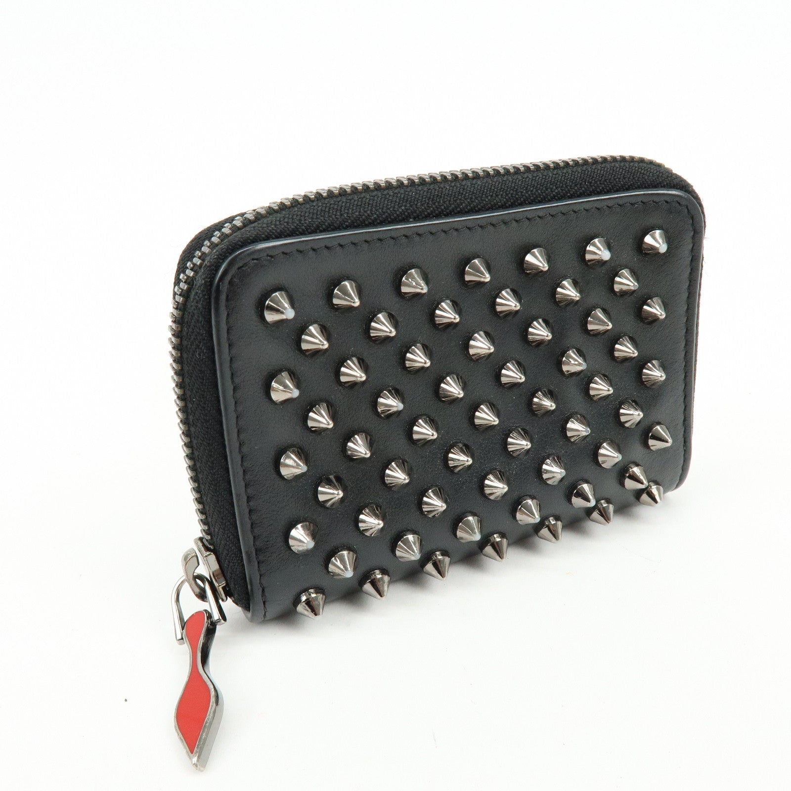 Christian Louboutin Studs Leather Round Zippy Compact Wallet Black