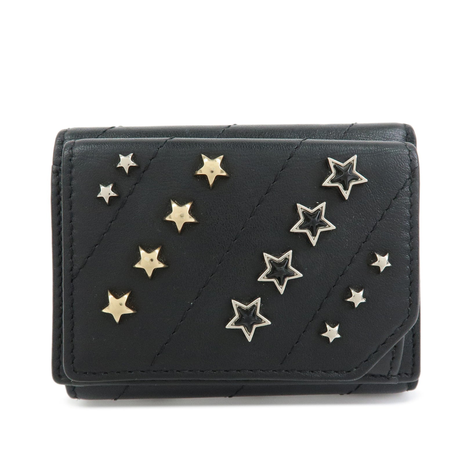 JIMMY CHOO Star Studs Leather Compact Tri-fold Wallet Black